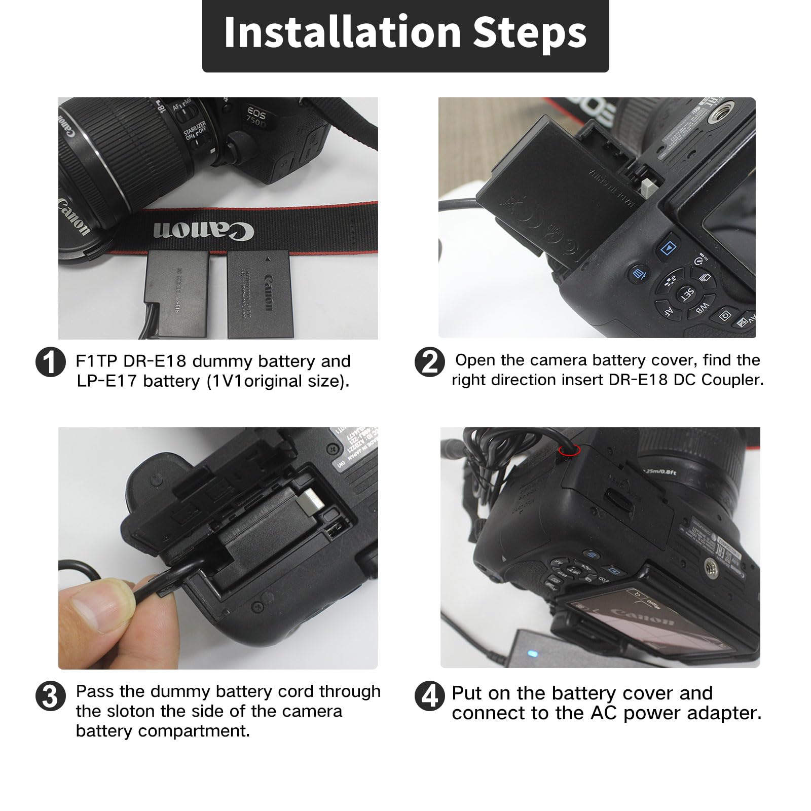 F1Tp Ack E18 Ac Power Supply Adapter Dr E18 Dc Coupler Kit For Canon Eos Rebel T6I T7I Sl2 Sl3 Rp R10 T6S T8I 77D 200D 250D 750D 760D 800D 850D Cameras.