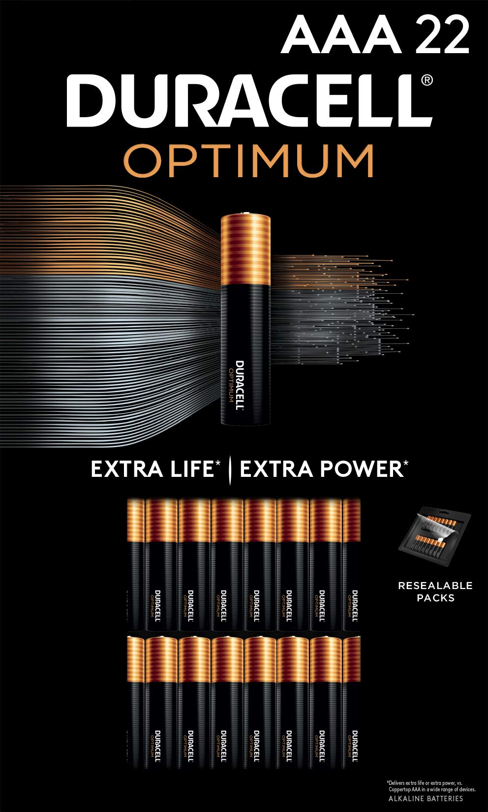 Duracell Optimum Aaa Batteries, 22 Count Pack Triple A Battery With Long Lasting Power, Resealable Package For Storage, All Purp