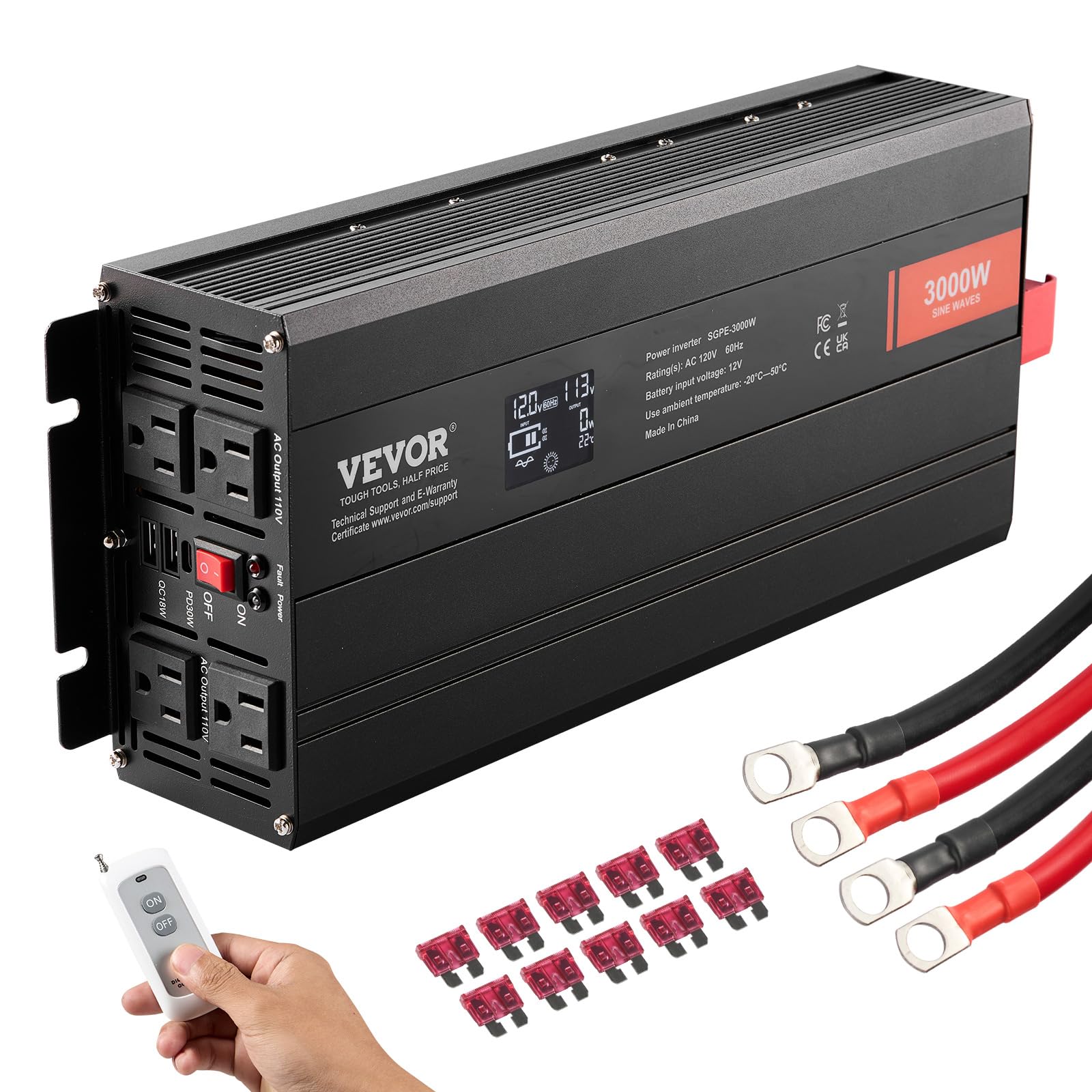 VEVOR Pure Sine Wave Inverter, 3000 Watt, DC 12V to AC 120V Power Inverter with 2 AC Outlets 2 USB Port 1 Type-C Port, LCD Displ