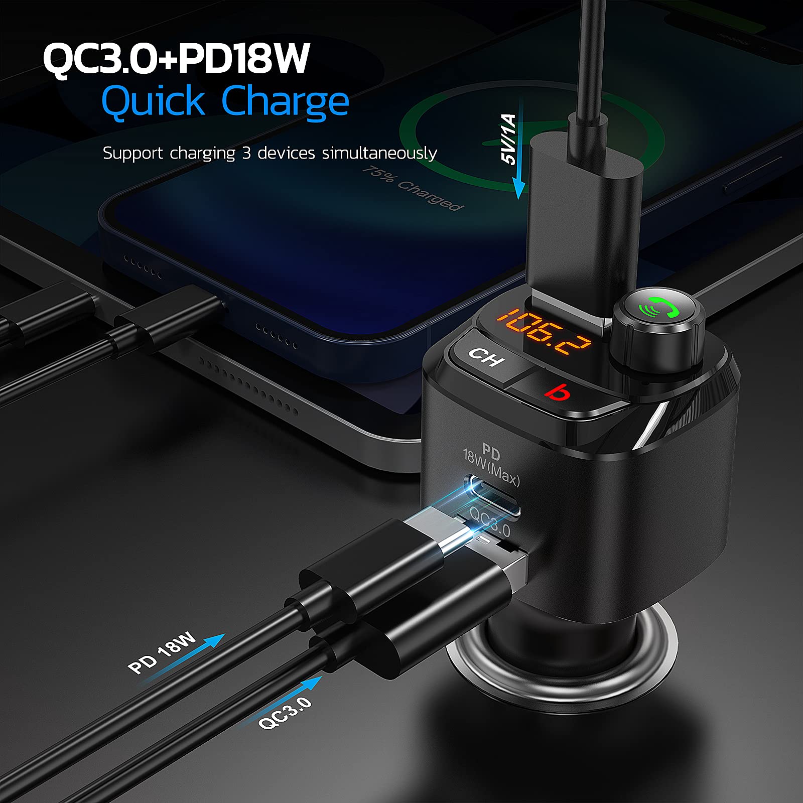 Nulaxy Bluetooth 5.0 Fm Transmitter For Car, Qc3.0 & Usb C Pd 18W Wireless Bluetooth Radio Adapter Music Player Car Kit With Bass Booster, Hands Free Calls Nx12