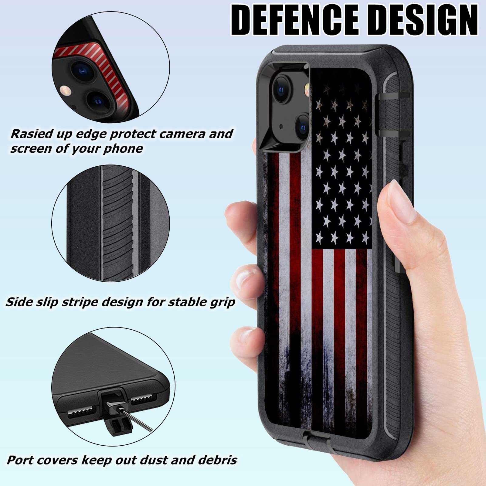 OTTARTAKS iPhone 13 14 Case Heavy Duty Shockproof with Screen Protector Old American Flag Design Silicone Red 6.1in