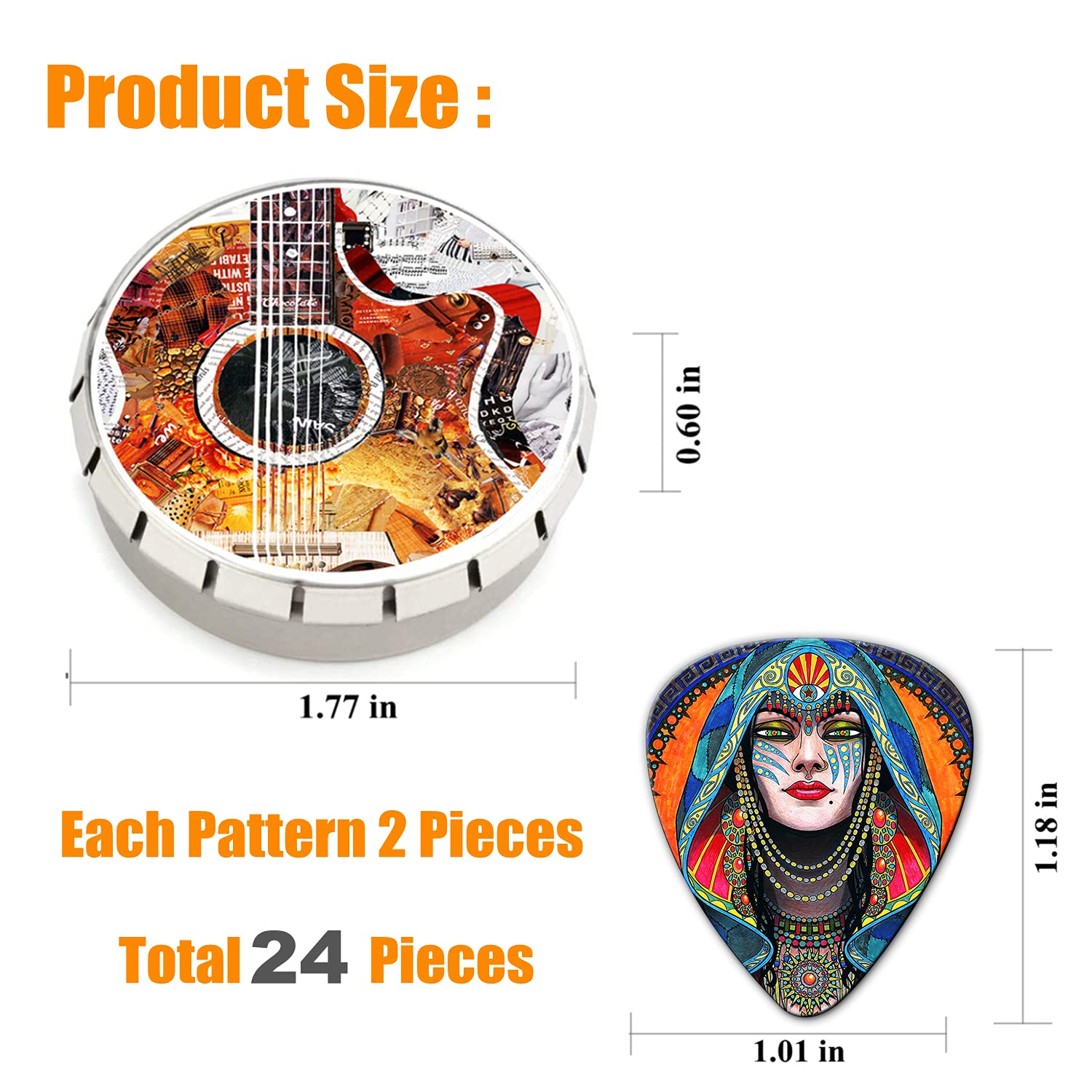 Thivenny Guitar Picks 24 Medium Pack With Tin Box,Unique Artistic Celluloid Guitar Pick For Bass Electric Guitar Acoustic Guitar
