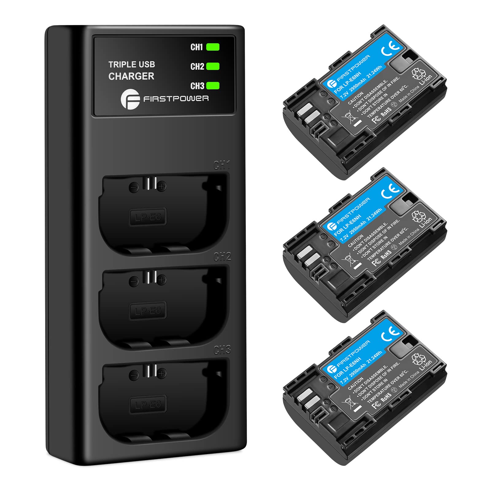 Firstpower Lp E6Nh Battery 3 Pack And Triple Slot Charger Compatible With Canon Eos R R5 R6 R7 60D 70D 80D 90D 5D Mark Ii Iii Iv