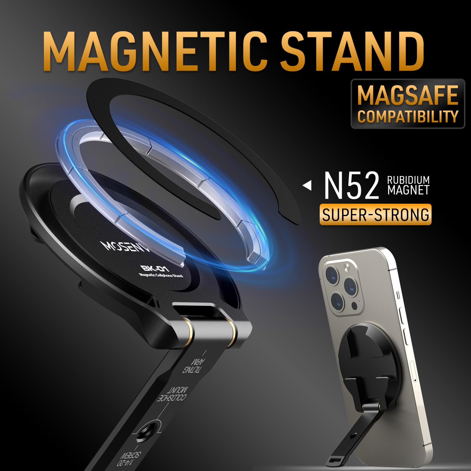 Mosenvka Magnetic Phone Stand,Thin Tripod Mount,Cell Phone Grip For Iphone 16/15/14/13/12,Foldable Desk Holder Kickstand With 1/
