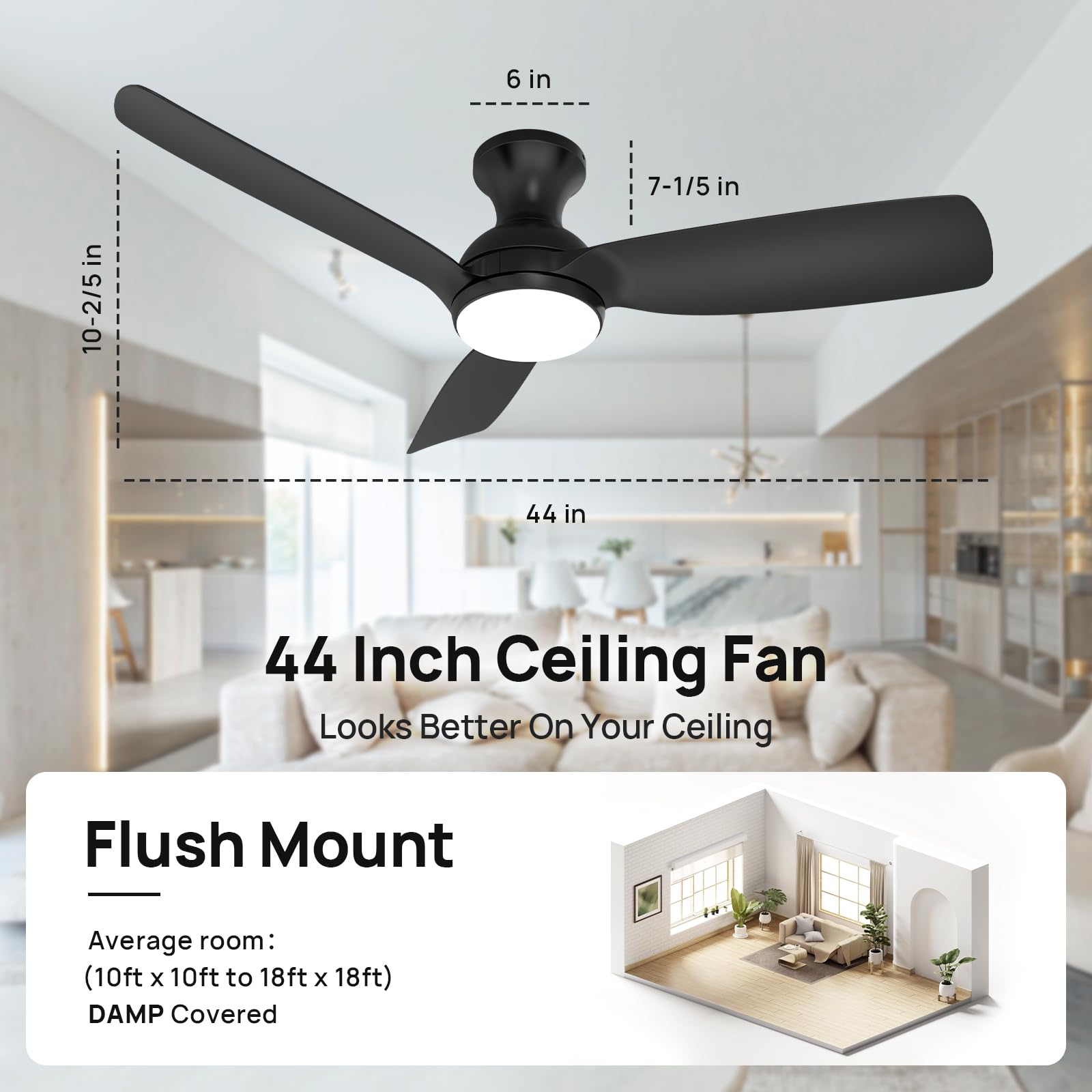 Consciot Ceiling Fan With Light, 44 Inch Low Profile Ceiling Fan With Remote Control, 6 Speed Choice, Reversible Dc Motor, 3Cct,