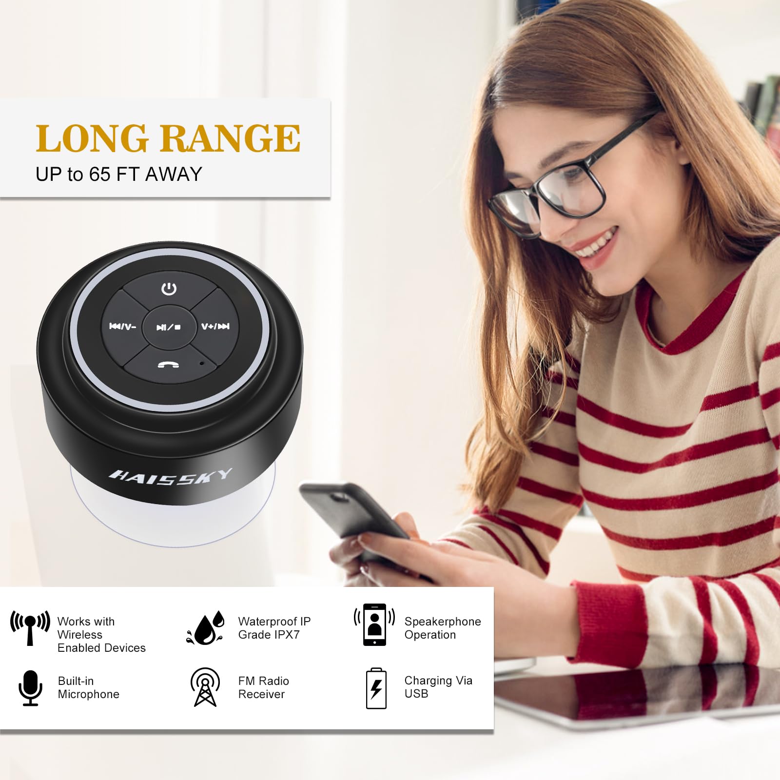 Haissky Bluetooth Shower Speakers, Portable Wireless Speaker With Suction Cup, Ip67 Waterproof Outdoor Wireless Speaker, Pairs E