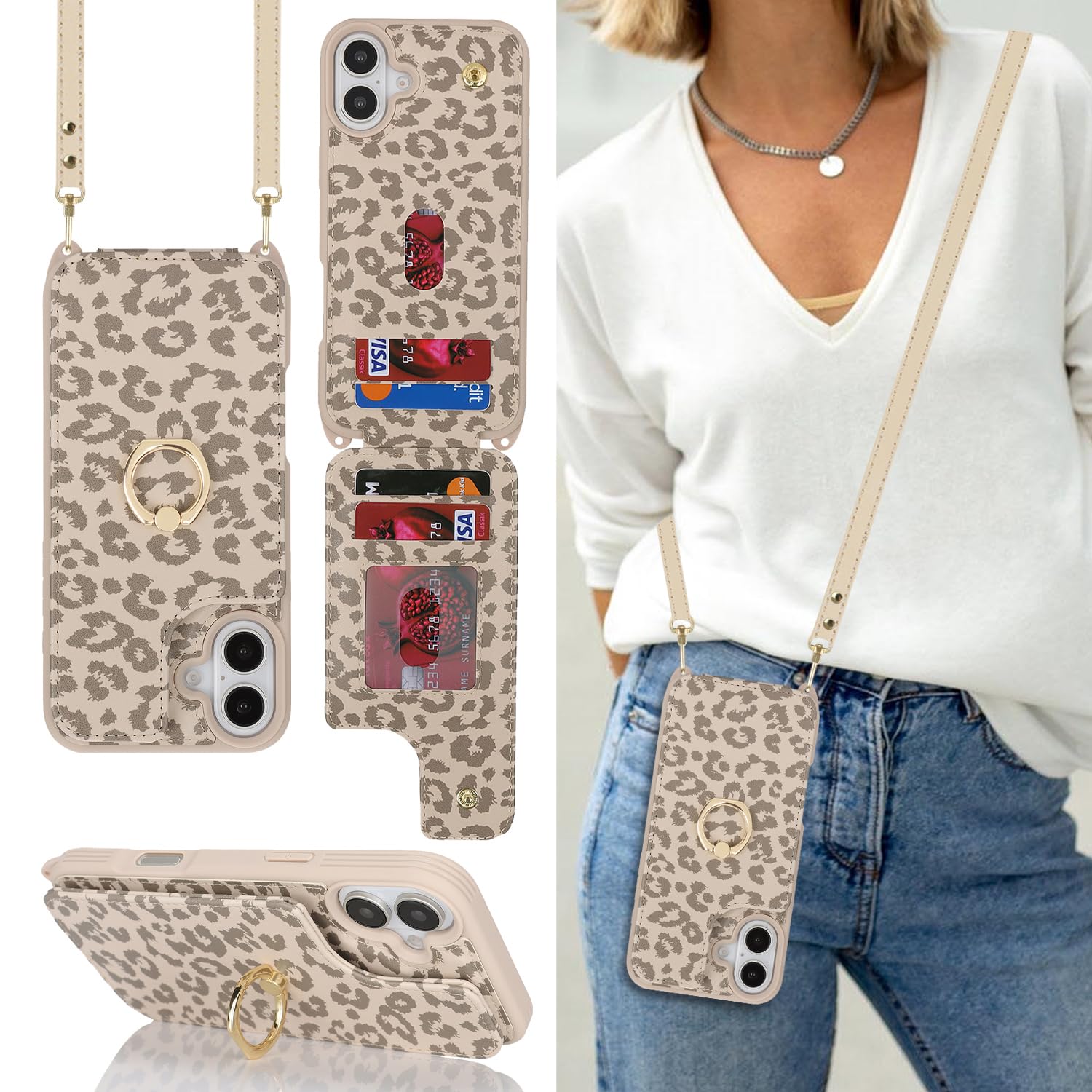 Lipvina for iPhone 16 Plus Case with Card Holder and Strap for Women,Crossbody Lanyard,Ring Stand,Snap Clasp,Cute Phone Wallet C