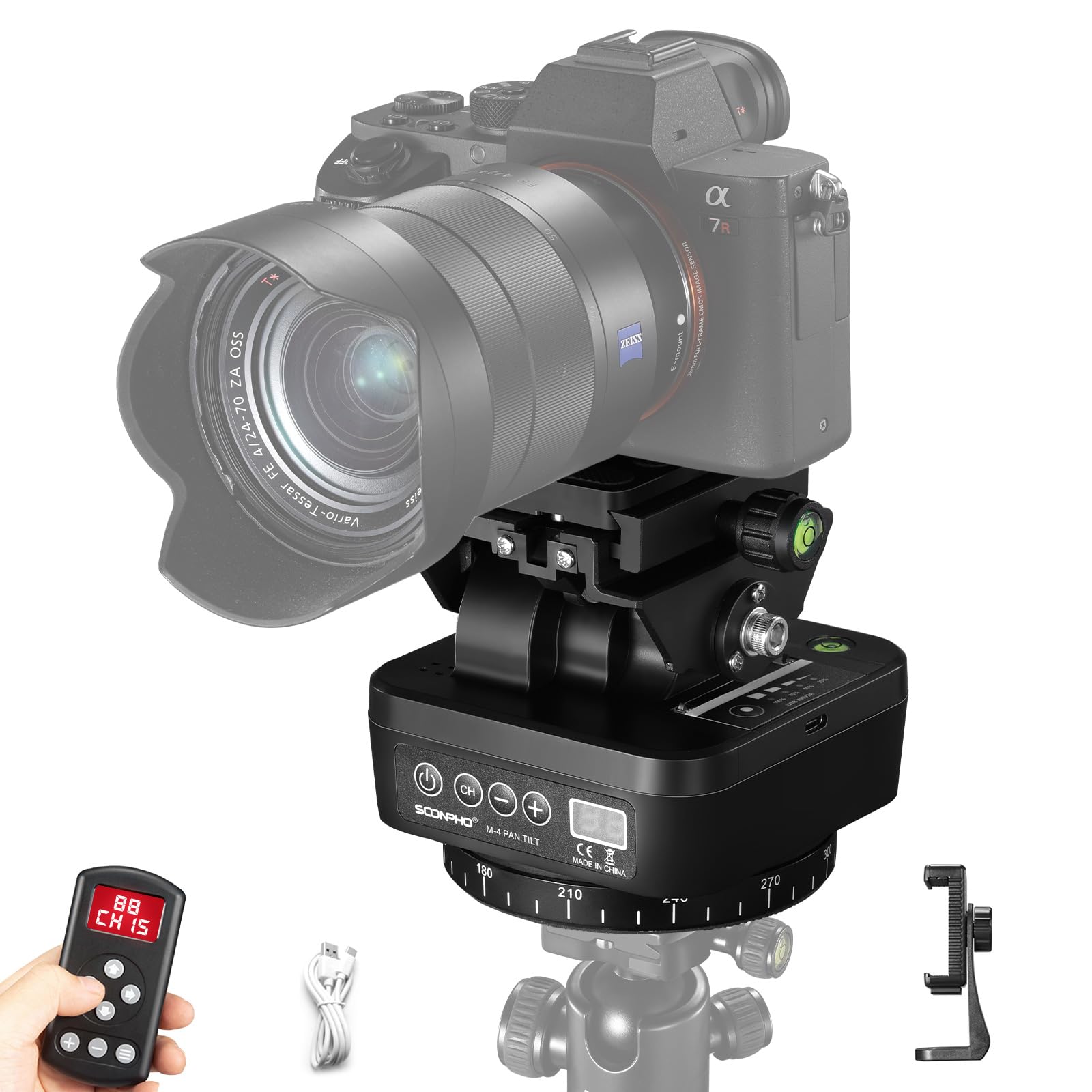Soonpho M4 Motorized Rotating Panoramic Tripod Head, Remote Control 360� Pan Tilt Head With Mobile Phone Clip For Dslr Cameras, Camcorders, Smartphones, Tripod