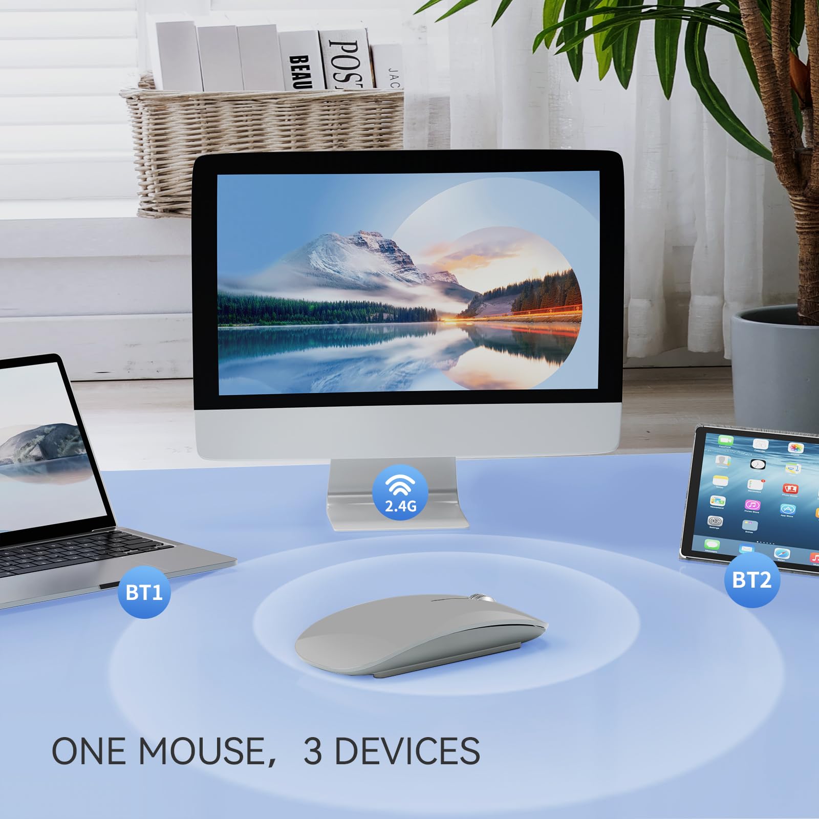 Tenmos M18 Bluetooth Mouse, Usb C Rechargeable Wireless Mouse, Triple Mode (Dual Bluetooth+Usb) Computer Silent Mice Portable With Usb Receiver And Type C Adapter For Laptop/Macbook/Ipad/Pc   Grey