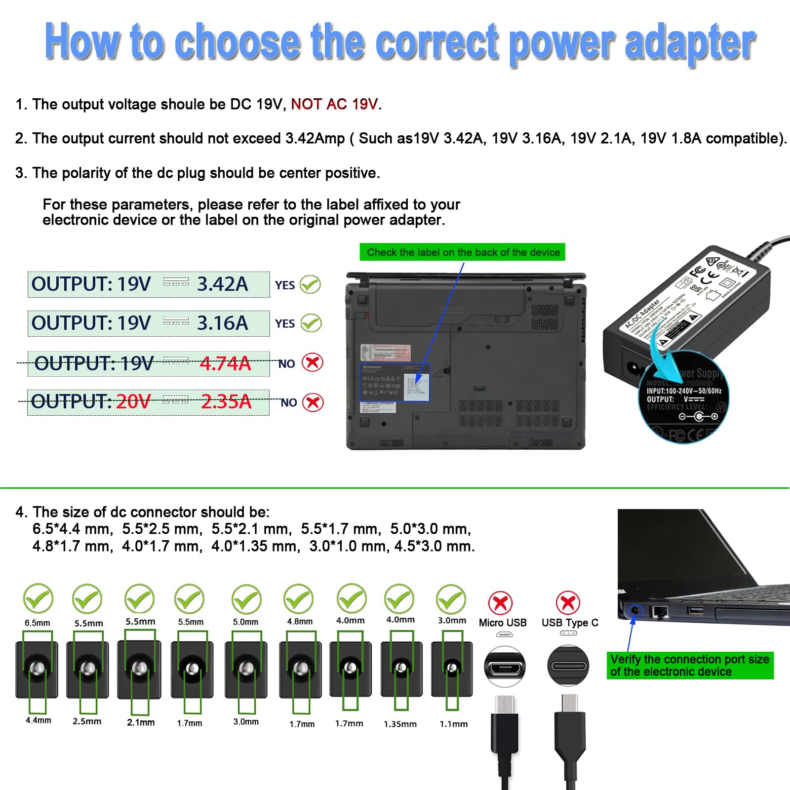 Tkdy 19V 3.42A Laptop Charger Adapter, 19V Dc Power Supply Computers Accessories, Fit For Dc 19 Volts Asus Acer Gateway Toshiba Hp Laptop Lg Samsung Monitor Jbl Speaker.