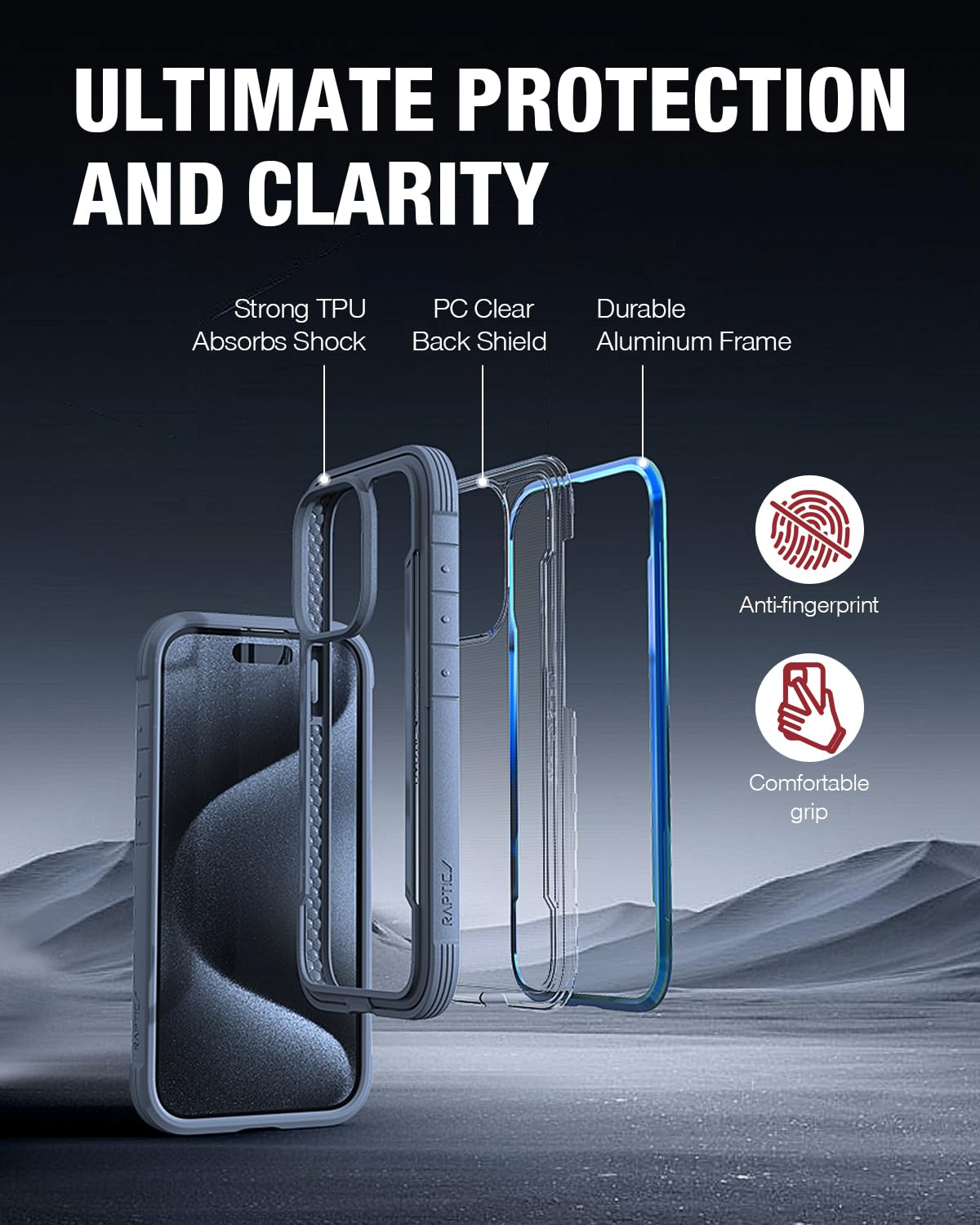 Raptic Shield For Iphone 15 Pro, Shockproof Protective Clear Case, Military Grade 10Ft Drop Tested, Durable Aluminum Frame, Anti Yellowing Technology, 6.1 Inch, Iridescent