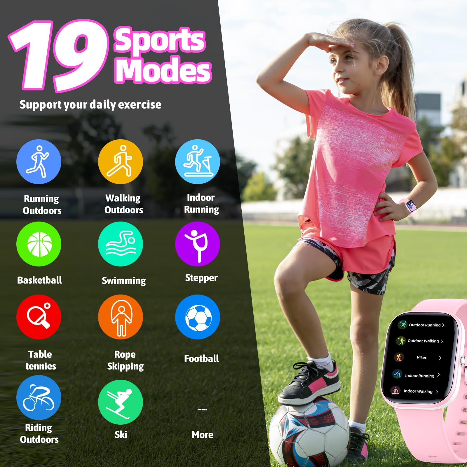 Nyonio Kids Smart Watch With Fitness Tracker,19 Sport Mode,1.5'' Diy Dial,Ip68 Waterproof,Sleep Monitor,Pedometers,Heart Rate,Gr