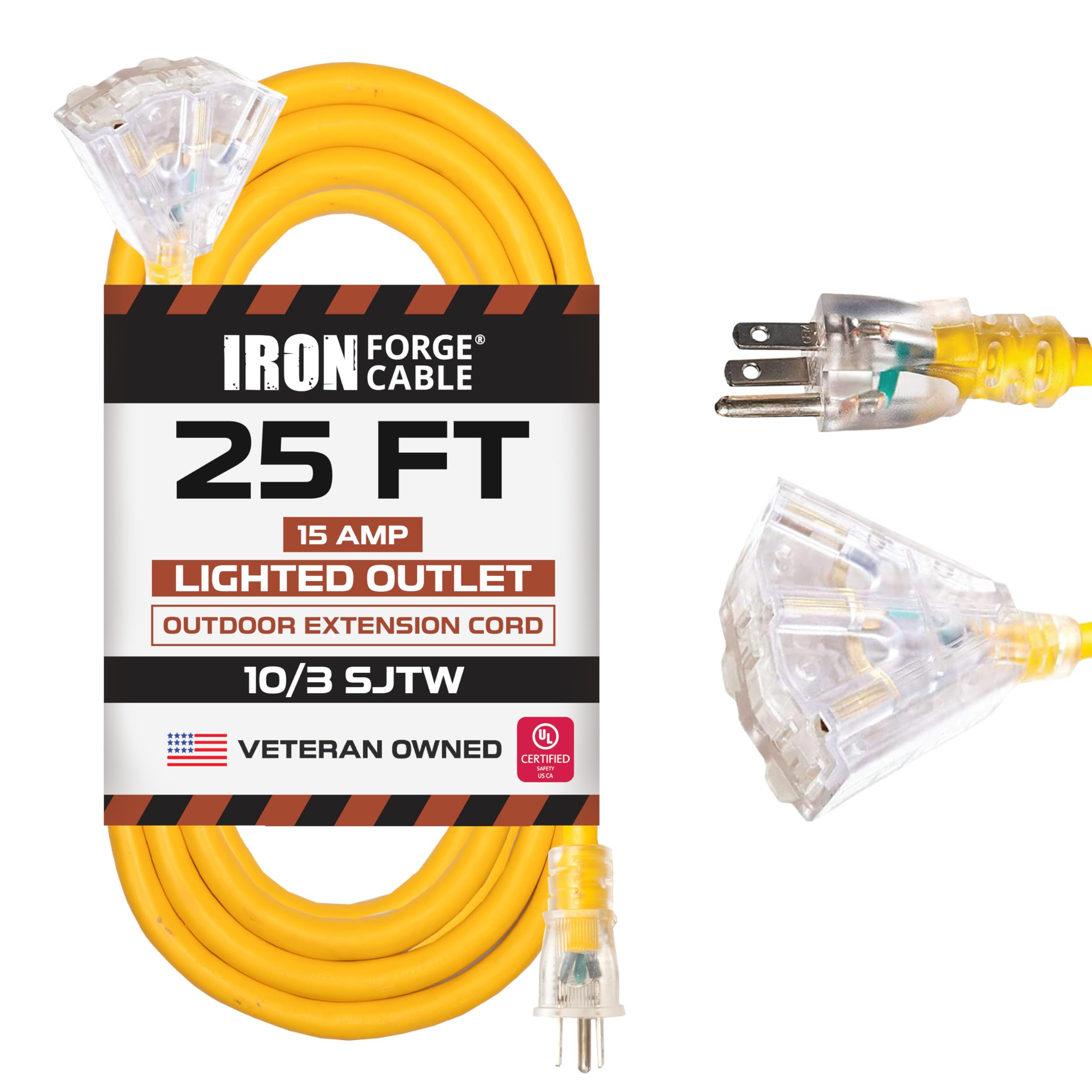 Iron Forge Cable 25 Foot Lighted Outdoor Extension Cord With 3 Electrical Power Outlets   10/3 Sjtw Yellow 10 Gauge Extension Ca