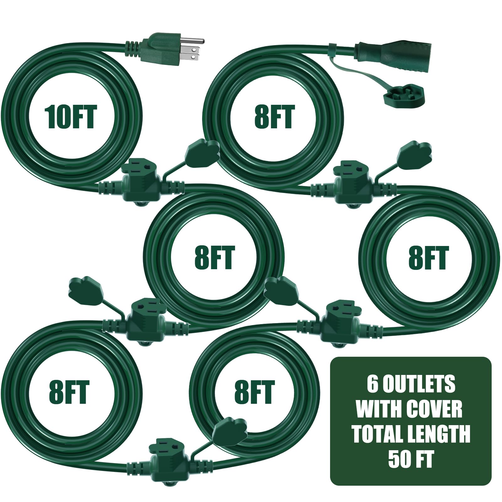 Makevivi 50Ft Outdoor Extension Cord Multiple Plugs  Evenly Spaced 6 Outlets Plugs With Safety Cover, 16/3 Sjtw Green Outdoor Ex