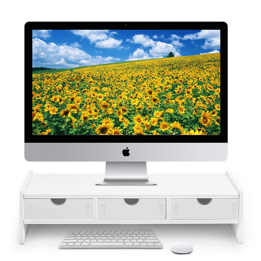 Monitor Stand Riser, Computer Laptop Riser Shelf With 3 Organizer Drawers (White, 19.5''L X 7.5''W X 4.7''H) (White)