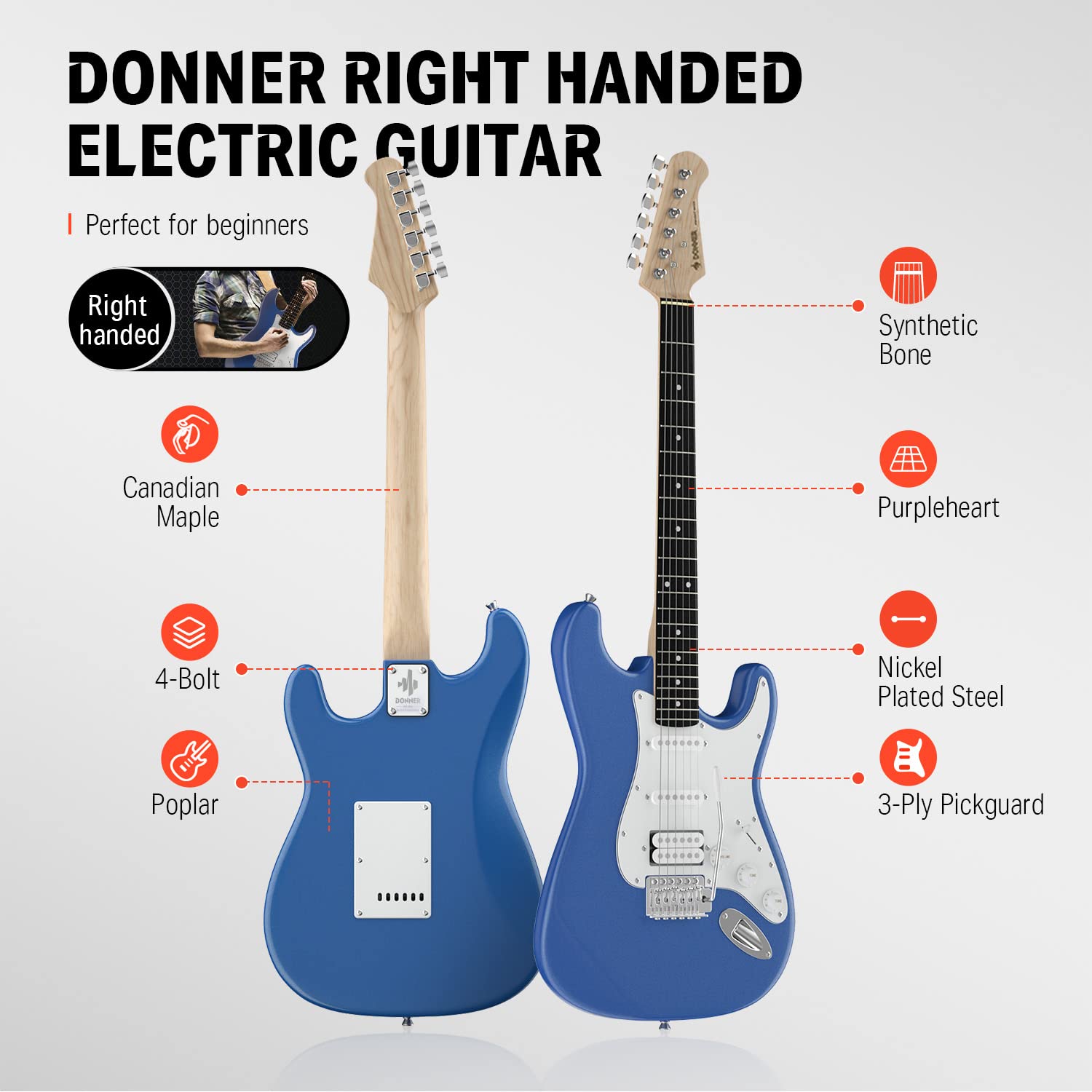 Donner Dst 100T 39 Inch Electric Guitar Beginner Kit Solid Body Full Size Lake Blue Hss Pick Up For Starter, With Amplifier, Bag