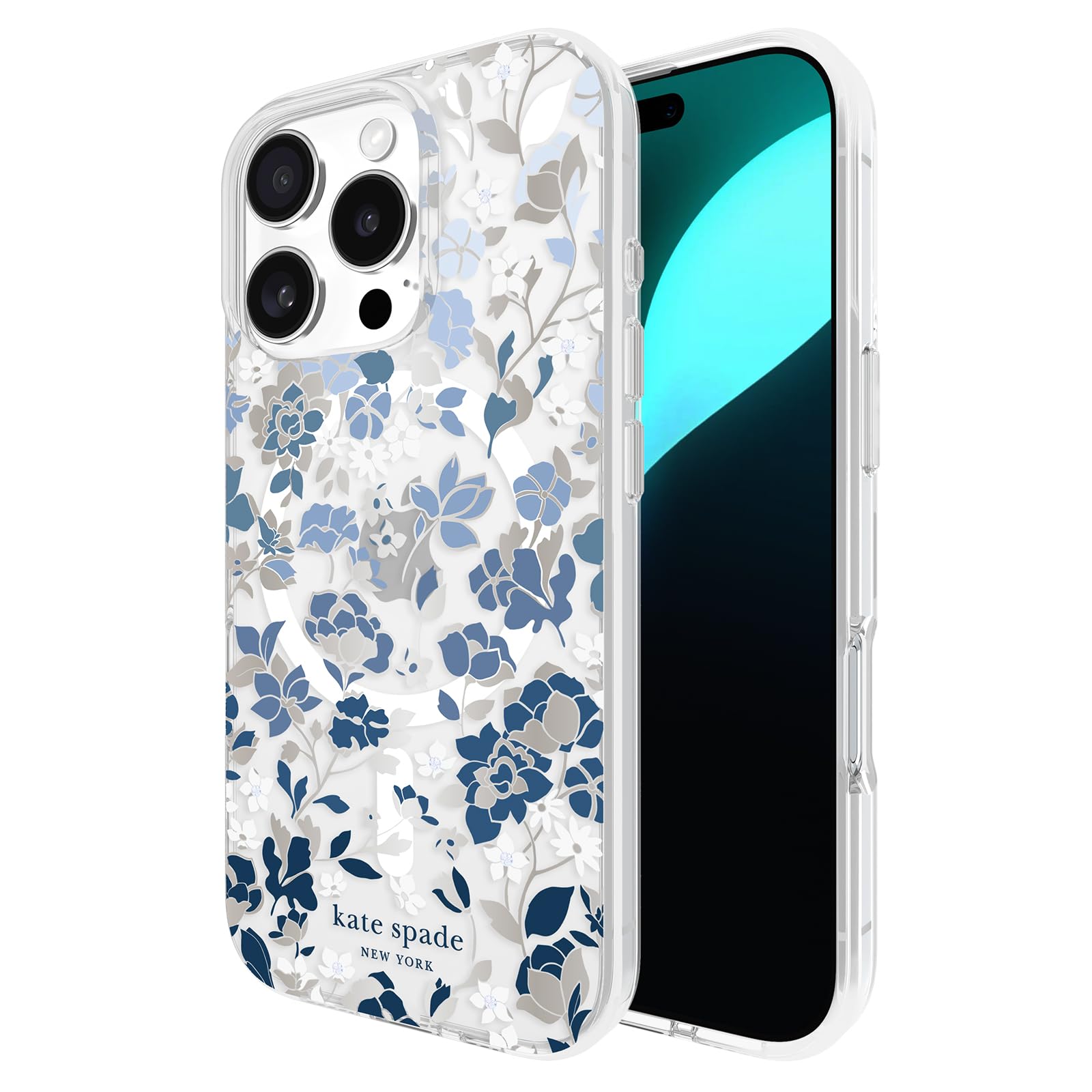 Kate Spade New York Iphone 16 Pro Case   Compatible With Magsafe   Designer Phone Case   Flowerbed Blue Gems