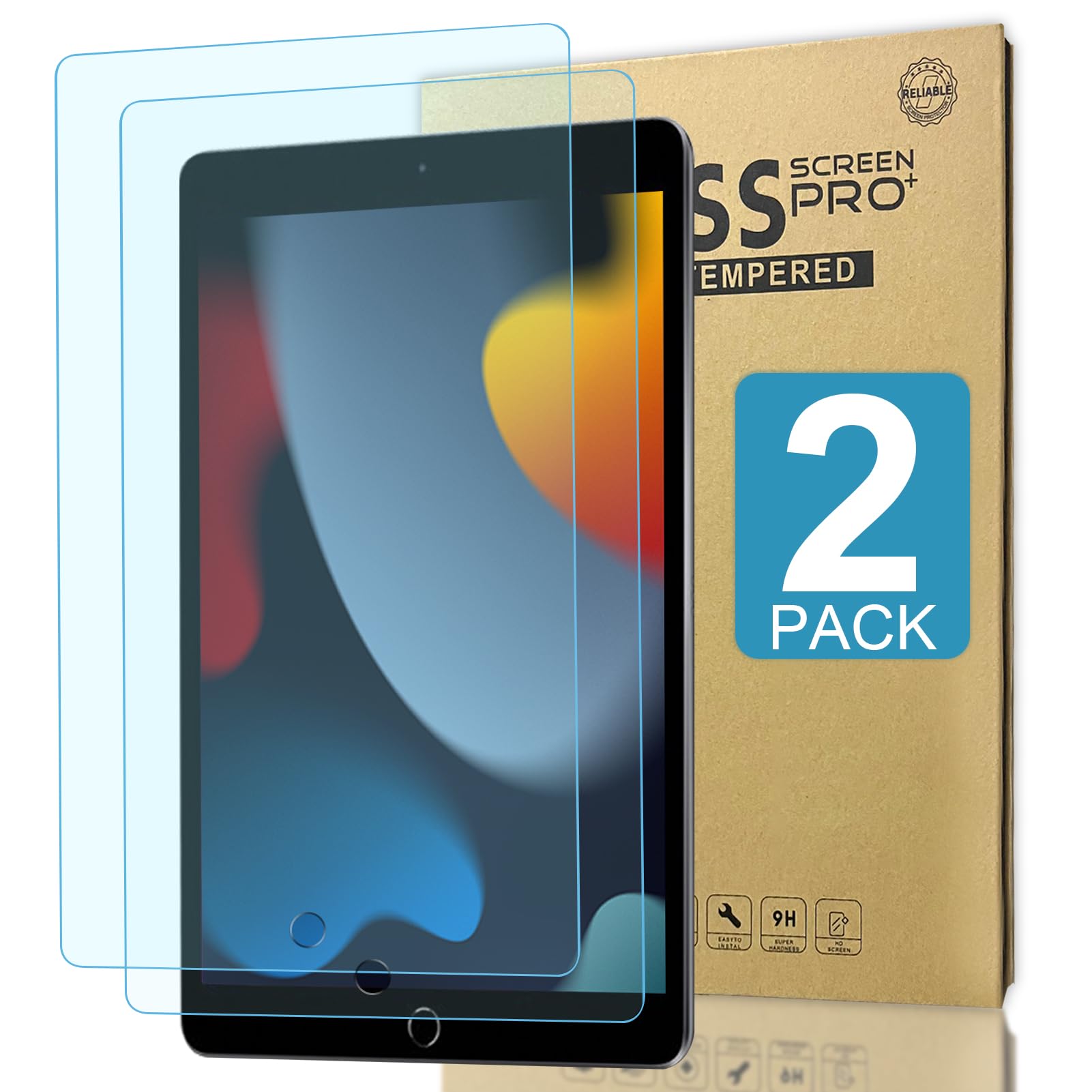 2 Pack Tempered Glass & Anti Blue Light Screen Protector Film For Ipad 10.2 Tablet 9Th/8Th/7Th 2021/2020/2019 Model, Tempered Gl
