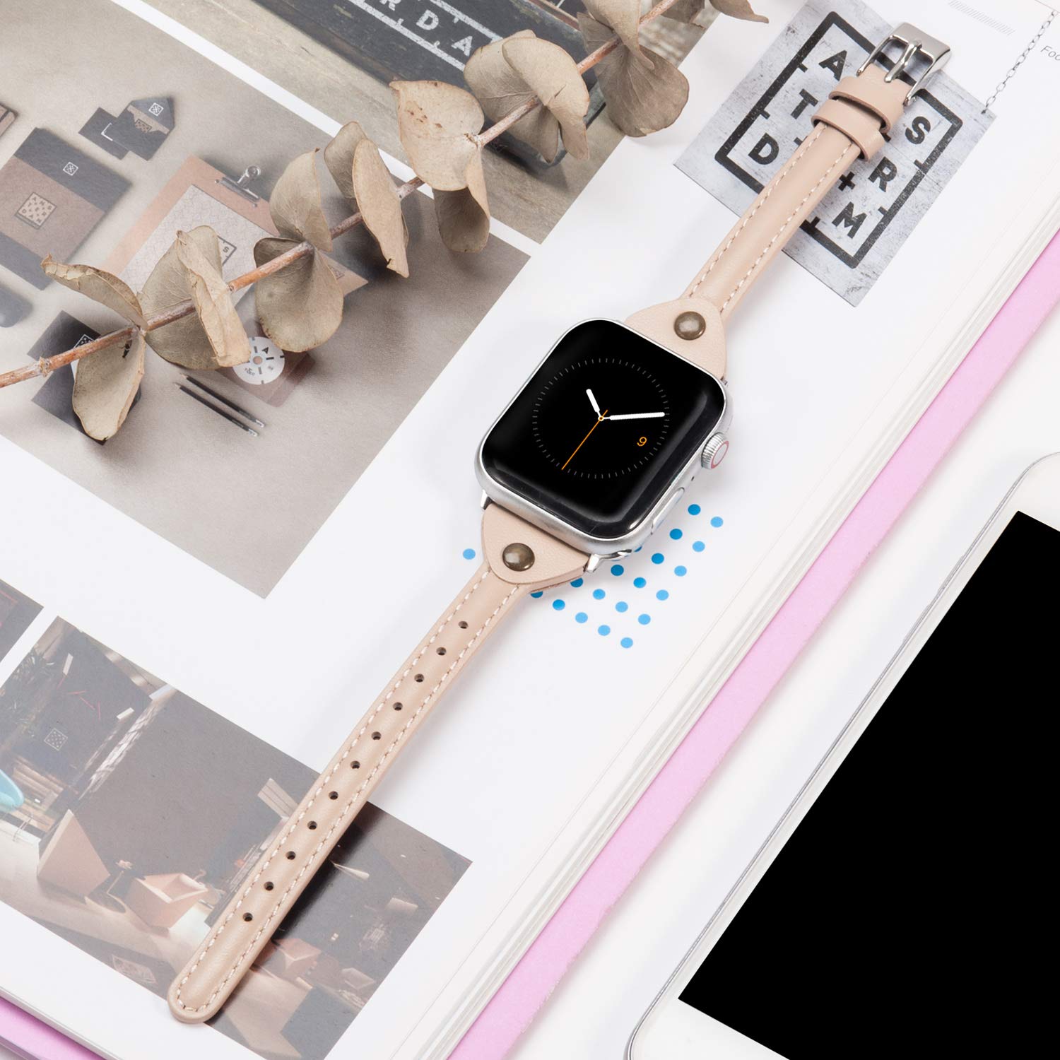 Wearlizer Beige Leather Compatible With Apple Watch Leather Band 38Mm 40Mm 41Mm For Iwatch Se Women Men Slim Strap Wristband Uni