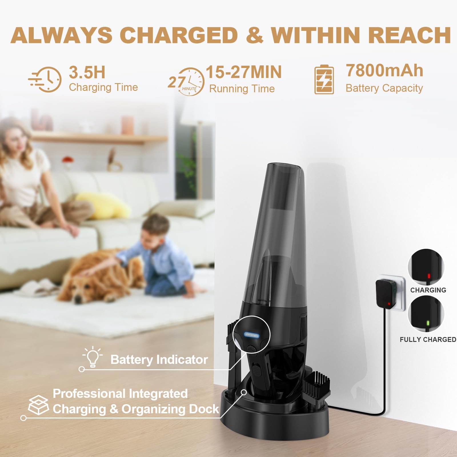 Handheld Vacuum Cordless Rechargeable With Charging Dock - 16000Pa Ultra-Strong Suction, Portable & Lightweight, Fast Charging,