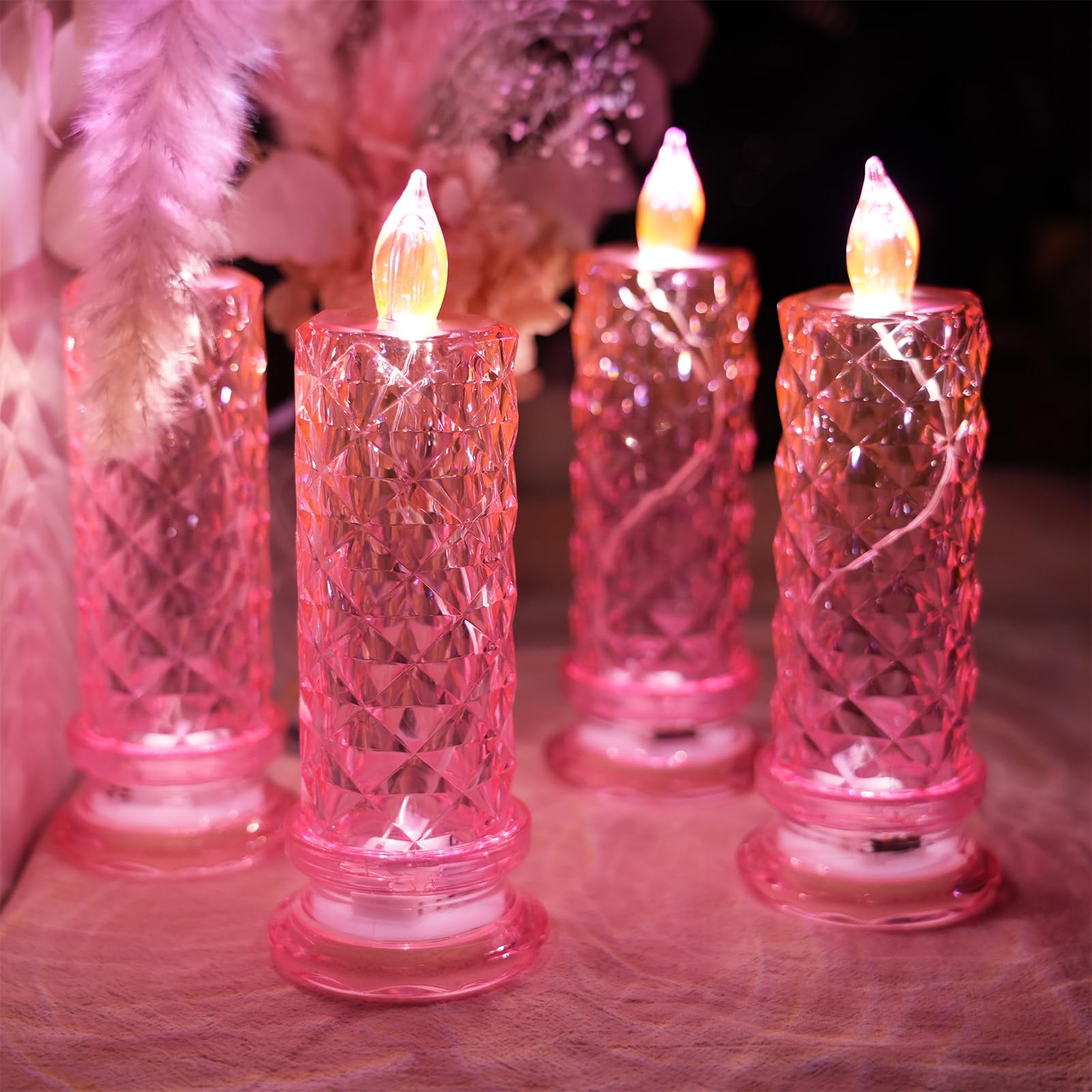 Supbri Rose Shadow Led Flameless Candles, 4Pcs Romantic Battery Operated Candles Led Pillar Candles For Valentine'S Day Romantic