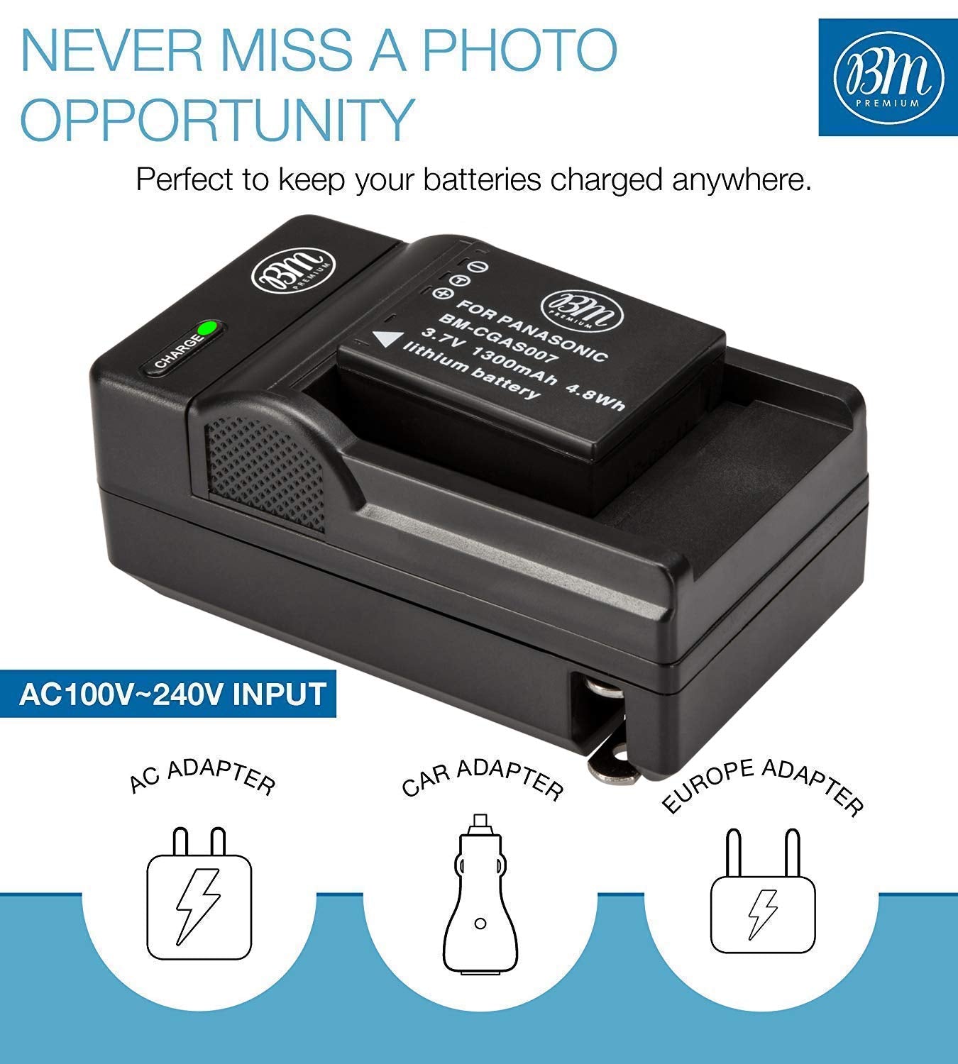 Bm Premium 2 Pack Of Cga S007 Batteries And Battery Charger For Panasonic Dmc Tz1, Dmc Tz2, Dmc Tz3, Dmc Tz4, Dmc Tz5, Dmc Tz11,