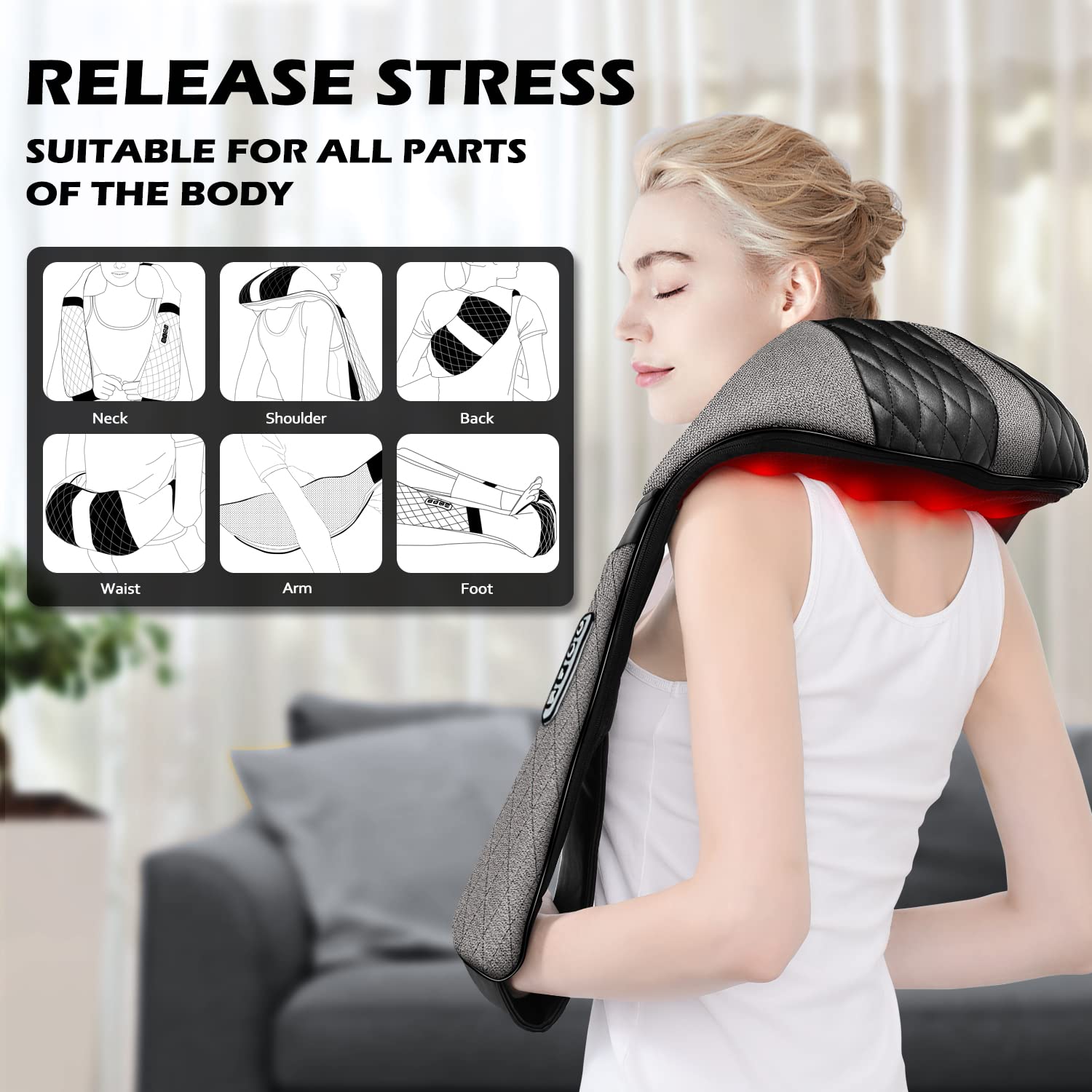 Blue Elf Shiatsu Electric Neck Back Massager Pillow 3D Kneading With Heat For Shoulder, Lower Back, Foot, Leg Muscles Pain Relie