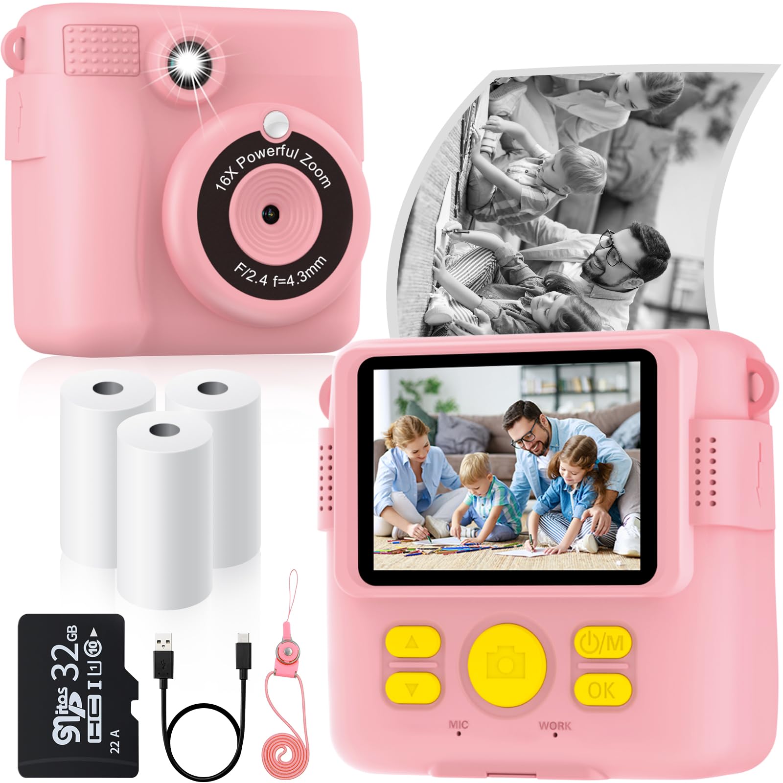 Instant Print Camera For Kids With 3 Rolls Of Printer Paper, 1080P Toddler Digital Camera Toys For Age 3 12 With 32Gb Sd Card, Christmas & Birthday Gifts For 3 4 5 6 7 8 Year Old Girls & Boys (Pink)
