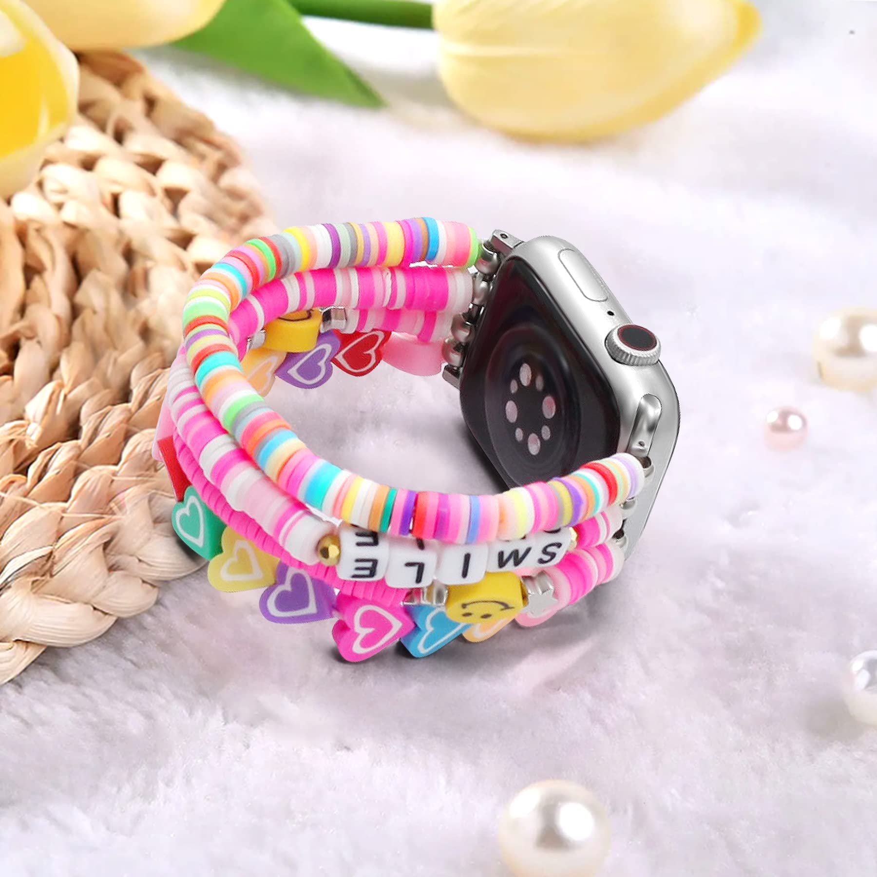 Jr.Dm Beaded Bracelet Compatible With Apple Watch 42Mm 44Mm 45Mm 46Mm For Women, Cute Fashion Preppy Stack Handmade Elastic Watc
