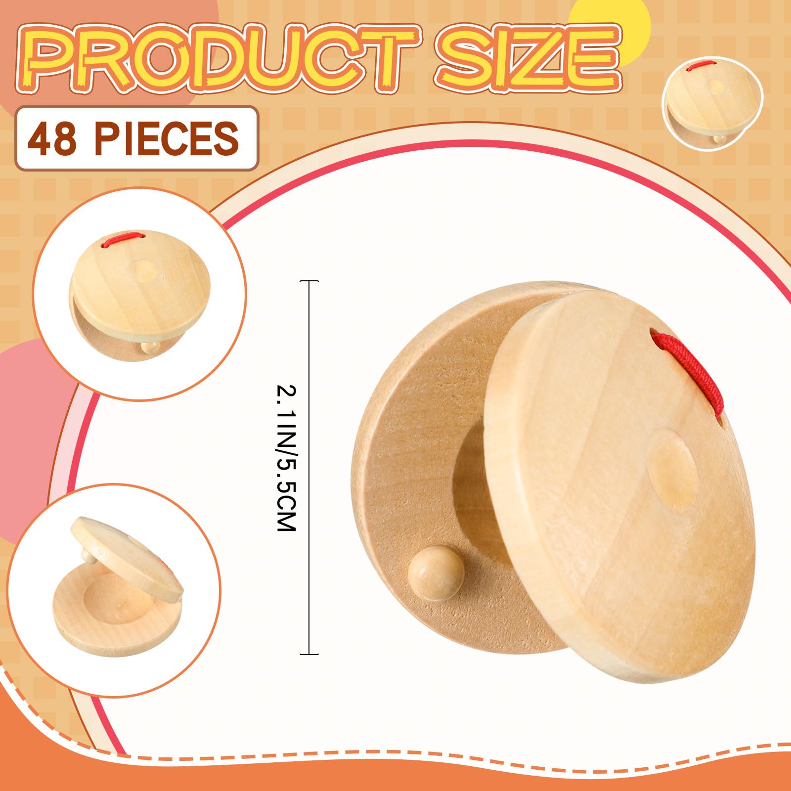 Lukmaa 48 Pcs Castanets Wooden Musical Instrument Wood Baby Hand Finger Castanets Rhythm Clap Board Educational Percussion Creat