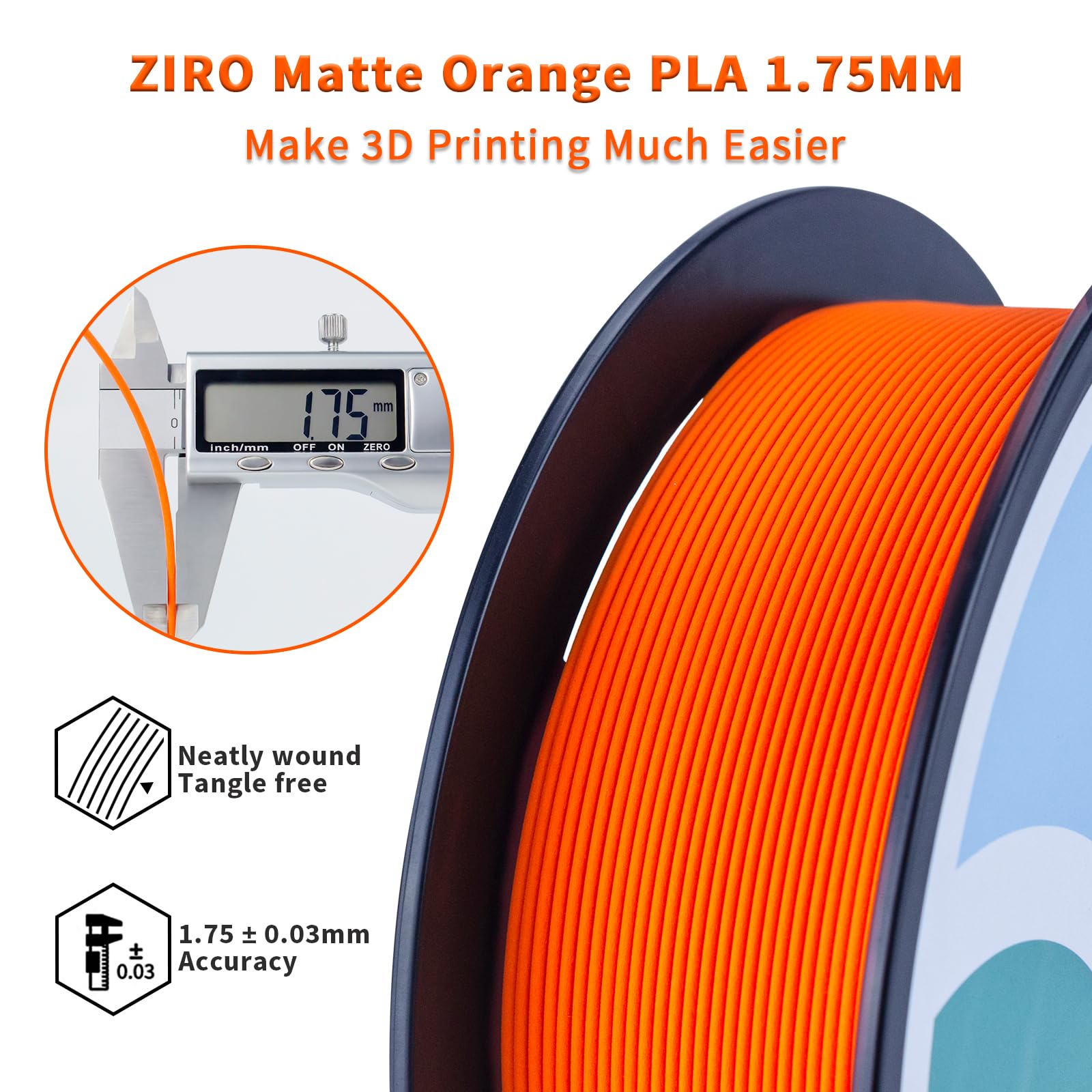 Ziro Matte Pla Filament 175Mm,1Kg 3D Printer Filament,High Toughness Pla,Dimensional Accuracy +  003Mm,Matte Pla Orange