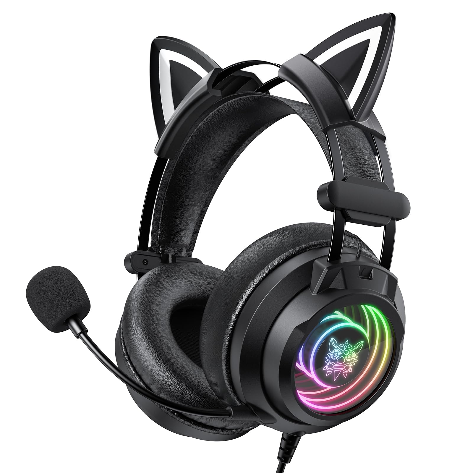 ONITOON Gaming Headset with Microphone, Detachable Cat Ears, Abyssal Mirror RGB Light, 50 MM Drivers Surround Sound, Lightweight