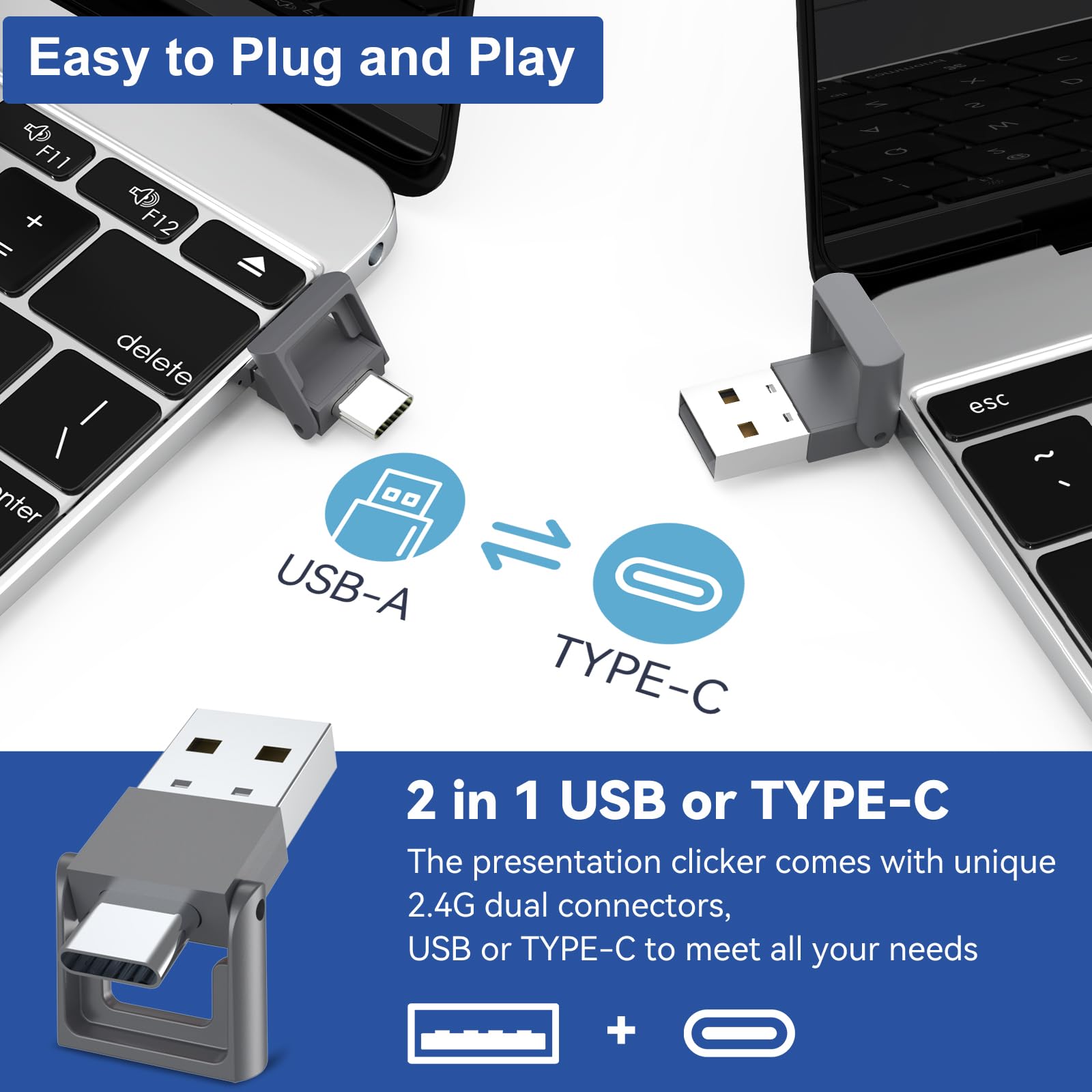 Rechargeable Presentation Clicker, 2 In 1 Usb-A Usb-C Metal Wireless Remote Powerpoint Slide Clicker With Volume Control For Ppt