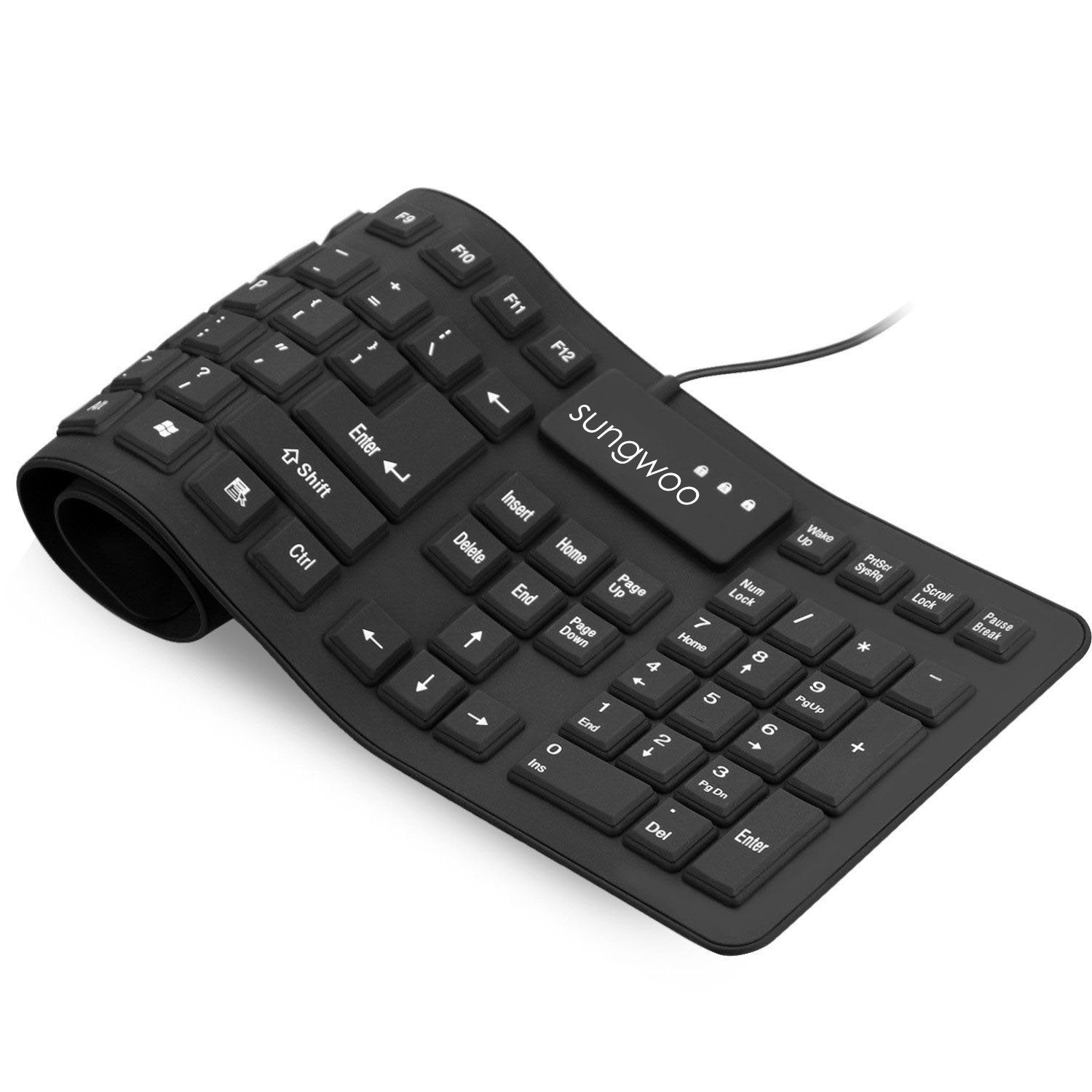 Sungwoo Foldable Silicone Keyboard Usb Wired Standard Keyboard Waterproof Rollup Keyboard For Pc Notebook Laptop, Full Size (Bla