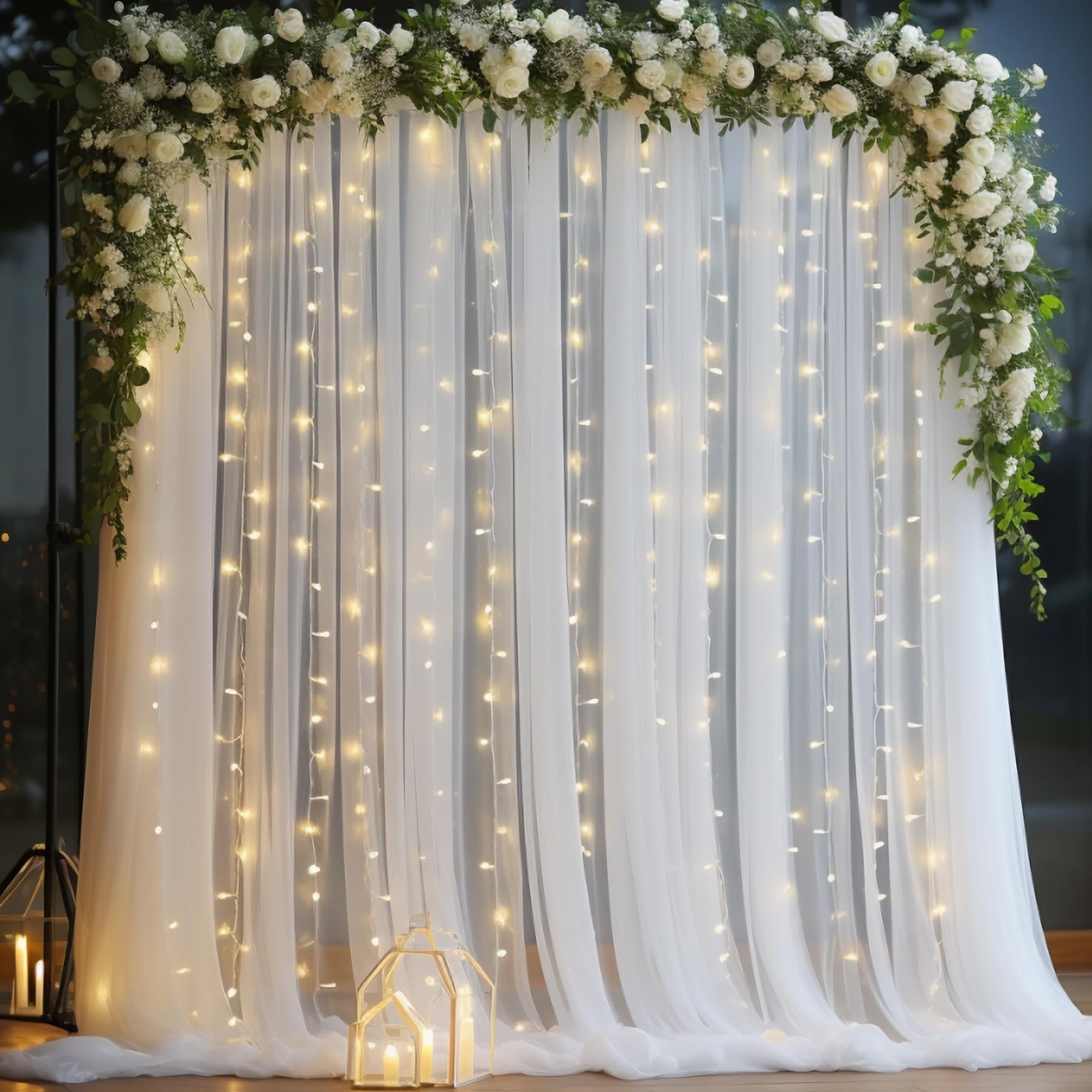 10X10Ft White Tulle Backdrop Curtain With Lights String For Parites, Sheer Backdrop Curtains For Wedding Baby Shower Birthday Pa