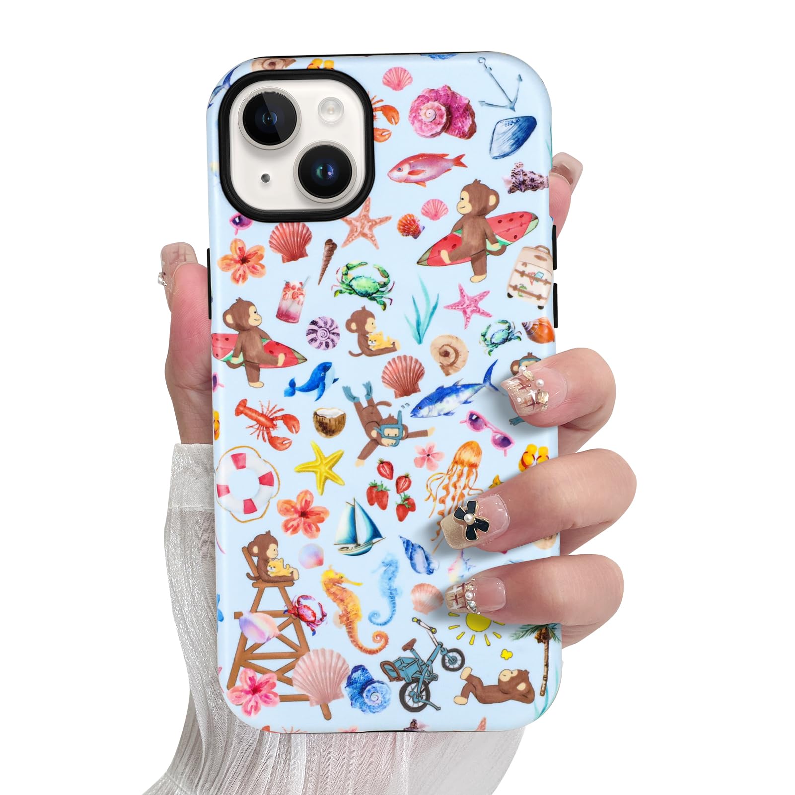 SOKAD Magnetic Monkey Phone Case for iPhone 15, Cute Summer Beach Monkeys Pattern Compatible with Magsafe Matte Protective Case 