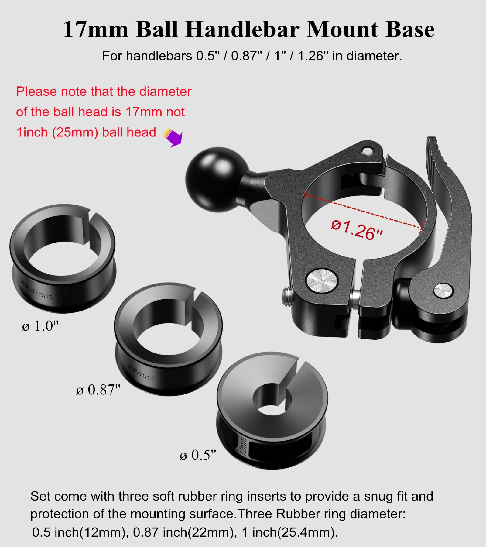 Brcovan Aluminum Alloy Handlebar Clamp Mount Base With 17Mm Tpu Ball For Rails Diameter 0.5''/0.87''/1'' 1.125''/1.26'', Tool Free Installation