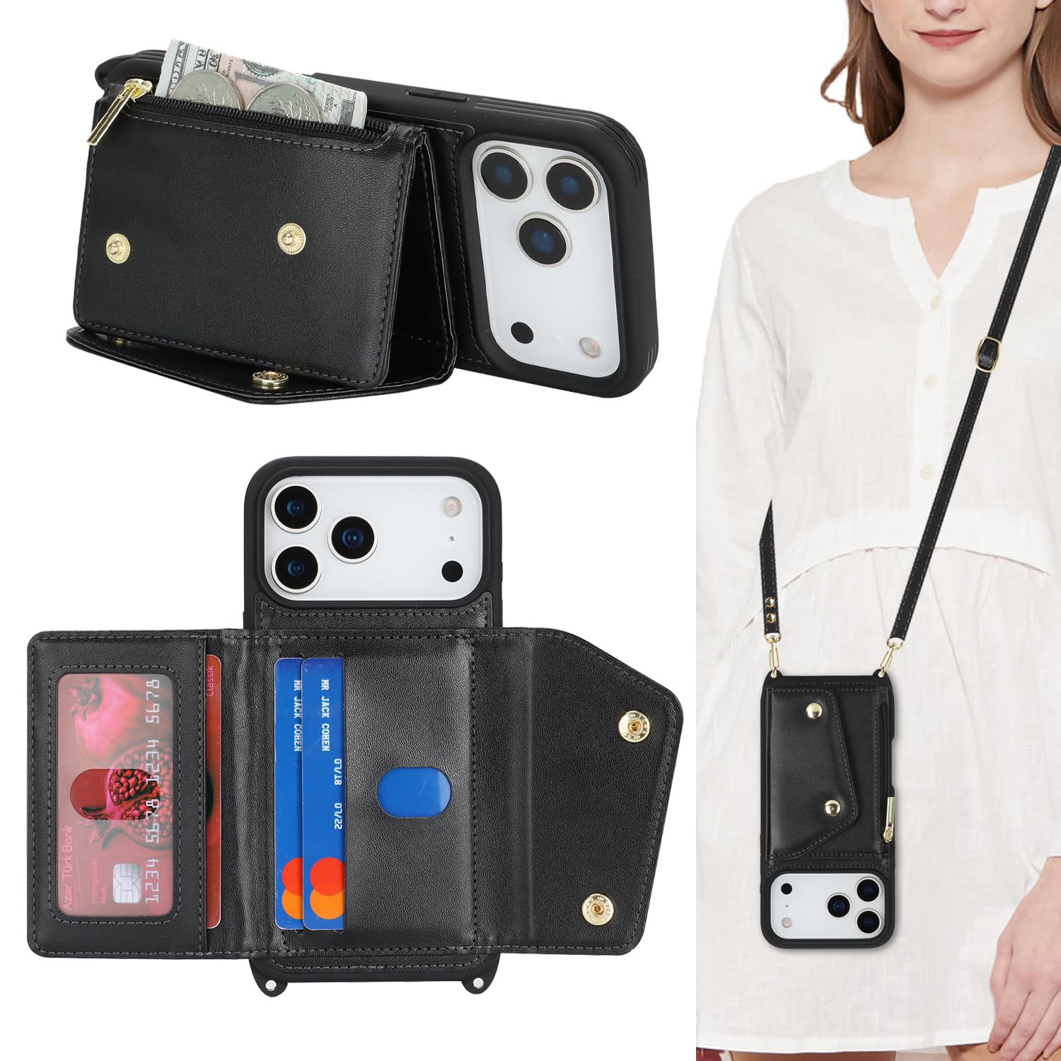 Lipvina for iPhone 17 Pro Case with Card Holder and Strap - Zipper Pocket,Crossbody Lanyard Strap,Credit Card Holder,Stand Ring,