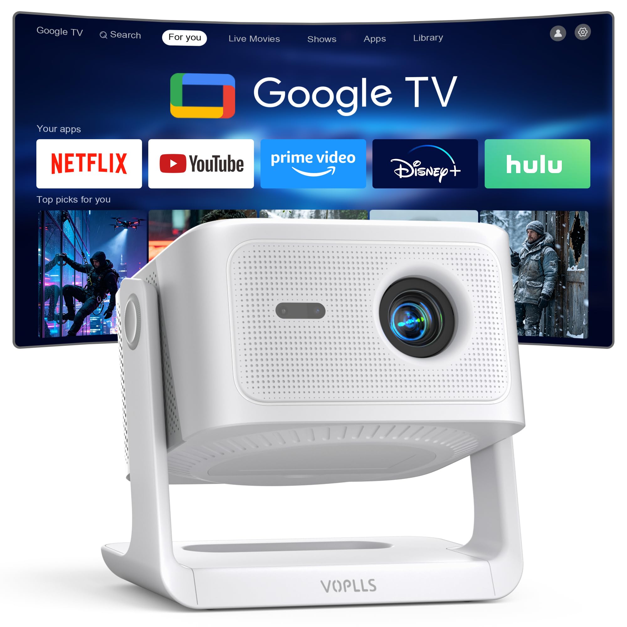 ?3000 ANSI Official Licensed Google TV?VOPLLS 4K Smart Outdoor Projector with WiFi and Bluetooth, VOPLLS Projectors with Dolby/A