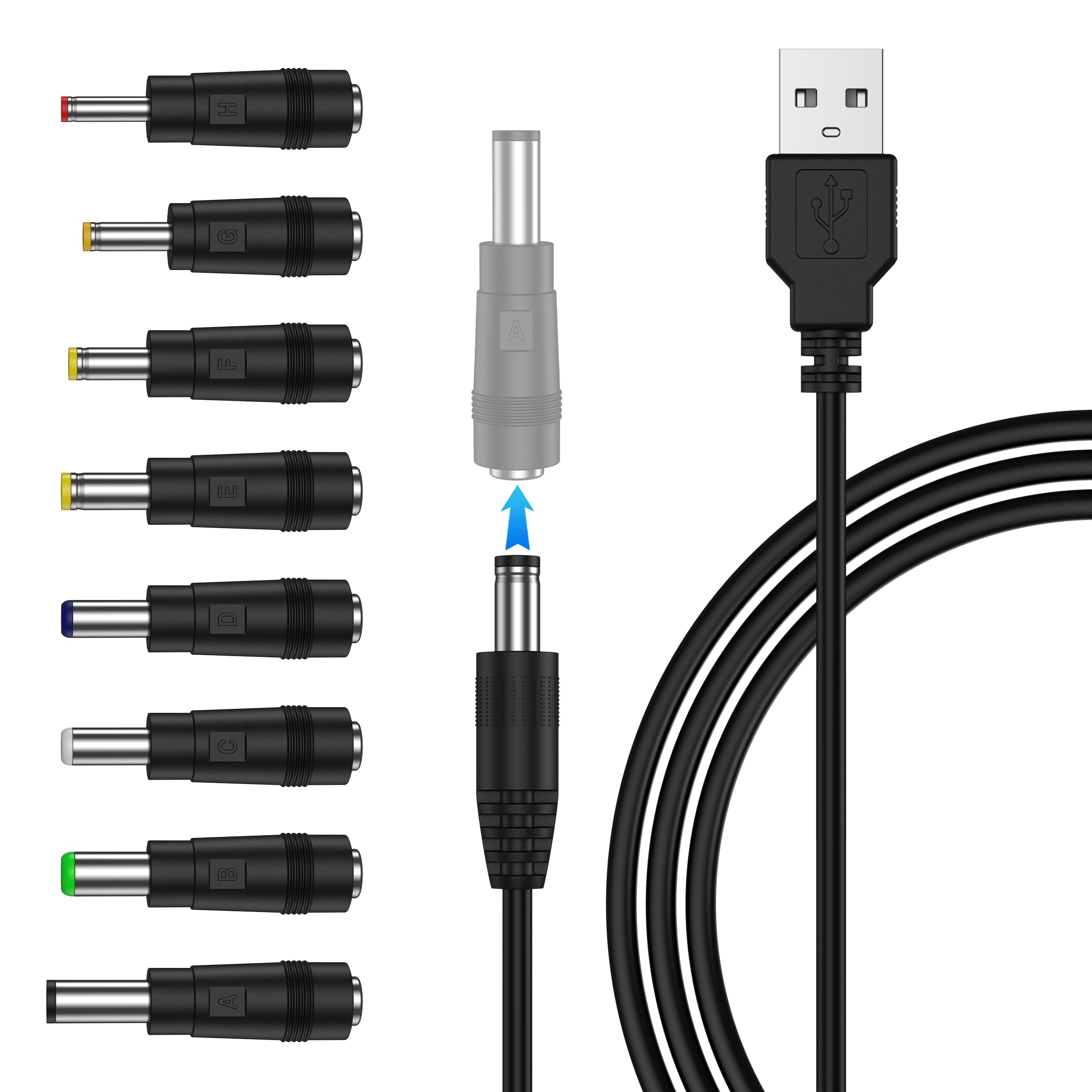Amzpas Universal USB to DC 5.5 x 2.1mm Power Cable with 8 Connectors for Speakers, Routers, Cameras, Fans