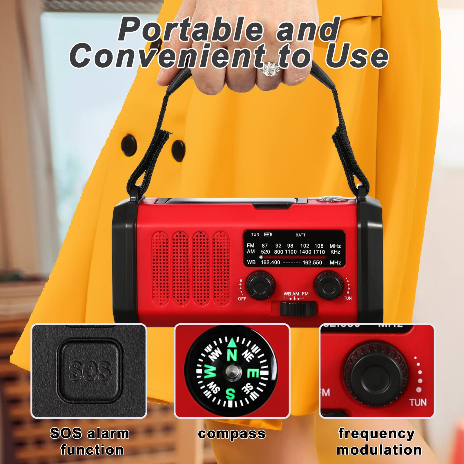 Emergency Radio,10000Mah Solar Radio, Hand Crank Radio, Noaa/Am/Fm Weather Radio, Usb Type C Charging,Dynamo Radio,Polymer Batte