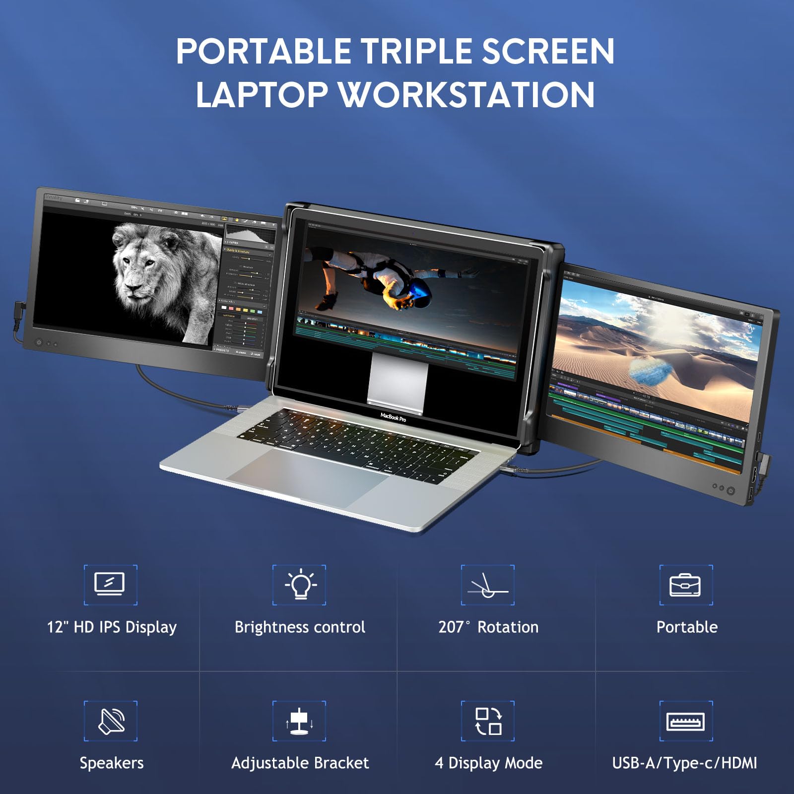 P2 Triple Portable Monitor For Laptop Screen Extender 12 Inch Dual Monitors Extender Fhd 1080P Ips Display Type C/Hdmi/Usb A/Spe