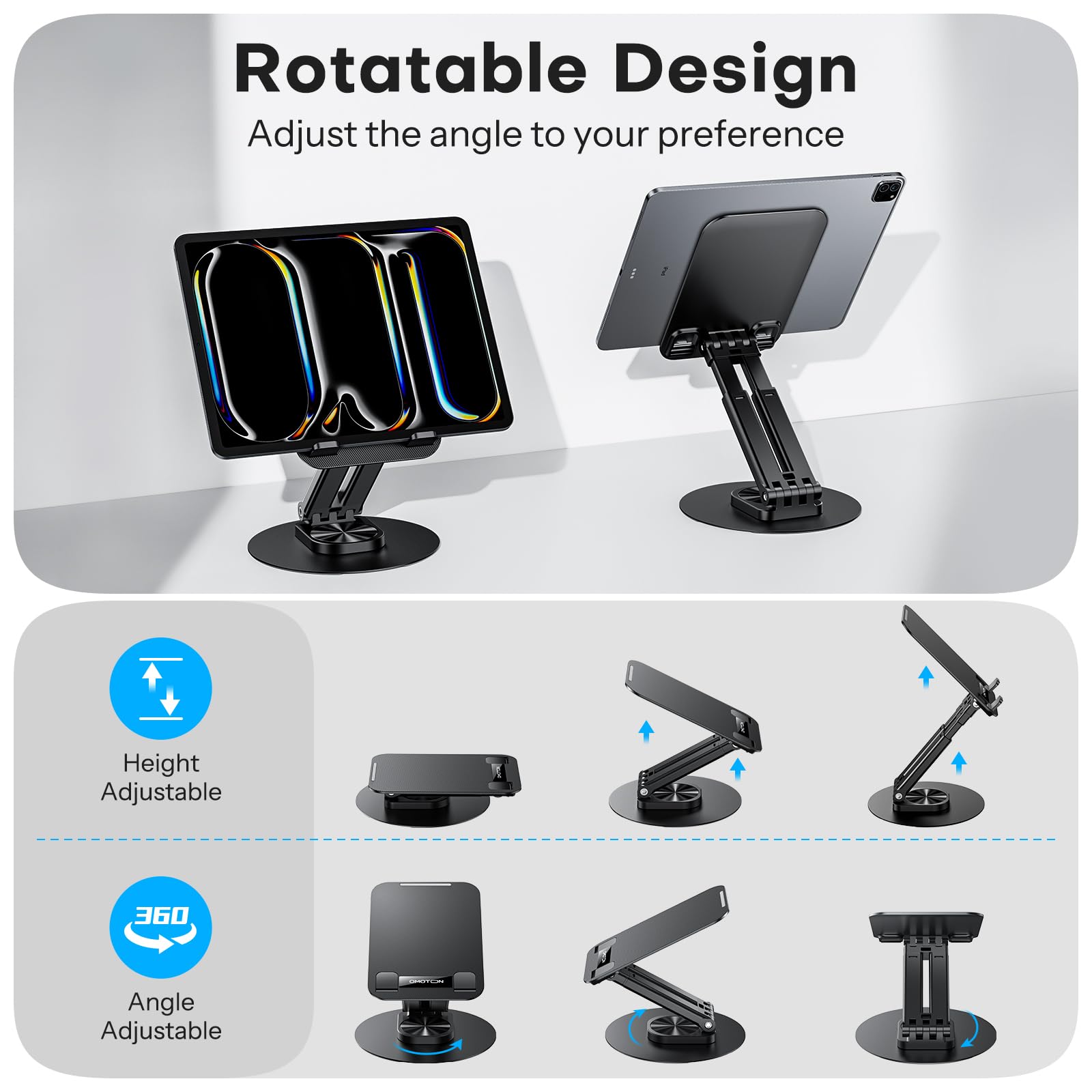 Omoton Tablet Stand For Ipad, Adjustable Tablet Holder For Desk, Portable Monitor Stand Compatible With 4 15.6' Tablets Kindle Such As Ipad Pro 11, 10.2, 13, Air/Mini