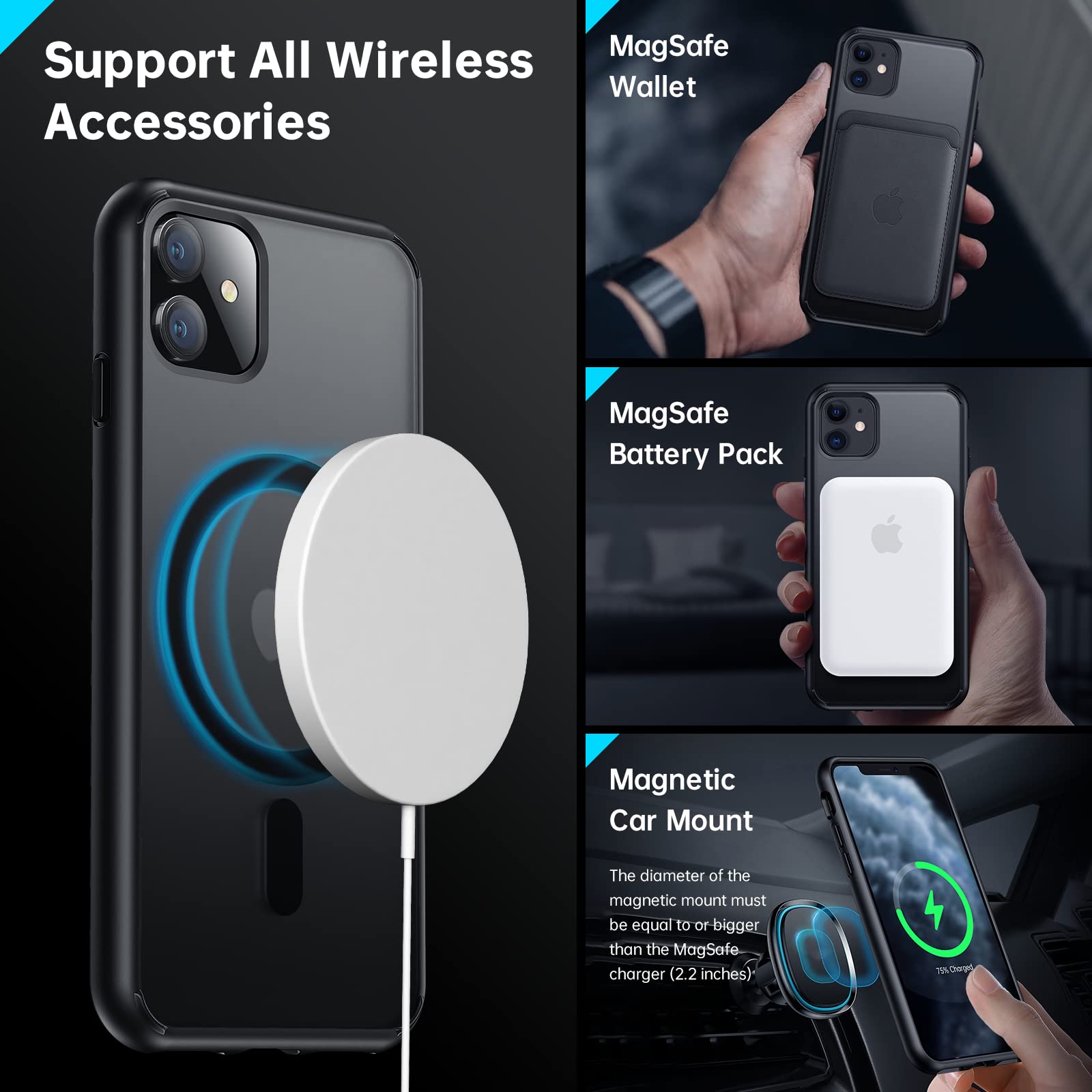 Meifigno Magnetic Case For Iphone 11 Case, [Military Grade Drop Tested & Comaptible With Magsafe], Translucent Matte Pc With Sof