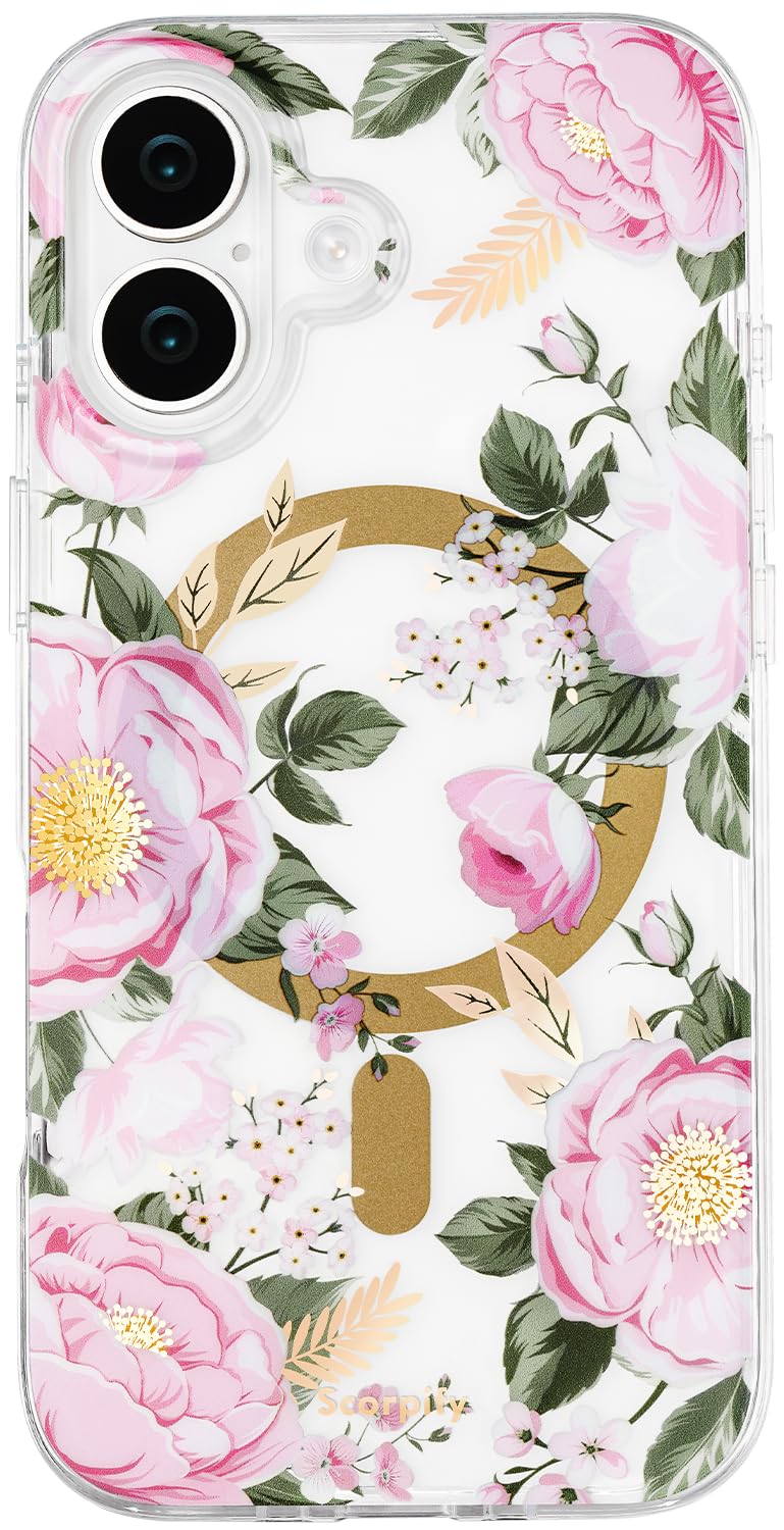 SCORPIFY for iPhone 17 Case [Compatible with MagSafe] with Pink Peony Floral Design, Cute Clear Flower Magnetic Phone Cover for 