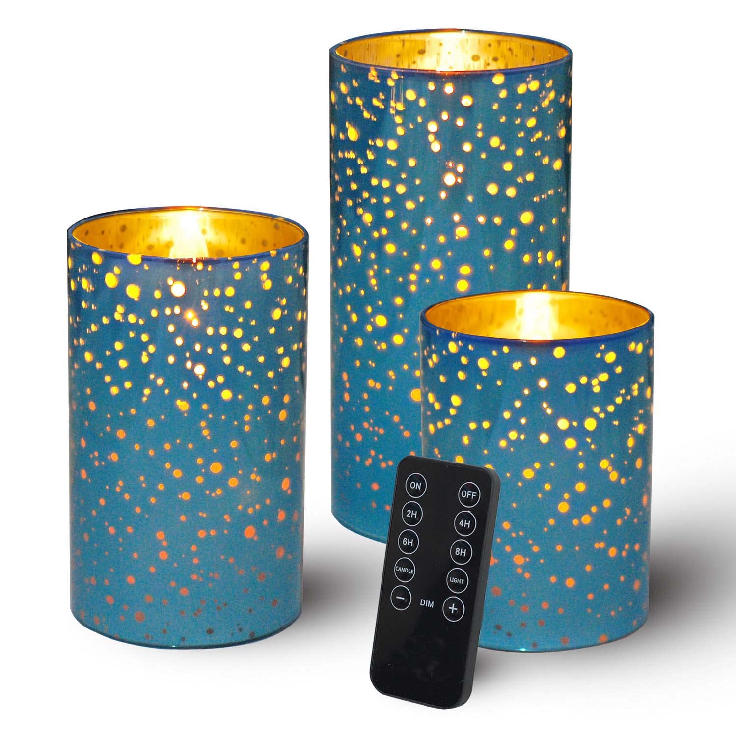 Sky Blue Mercury Effect Glass Flameless Candles, Battery Operated  500 Hr Battery, Realistic Glow For Christmas, July 4Th & Prem
