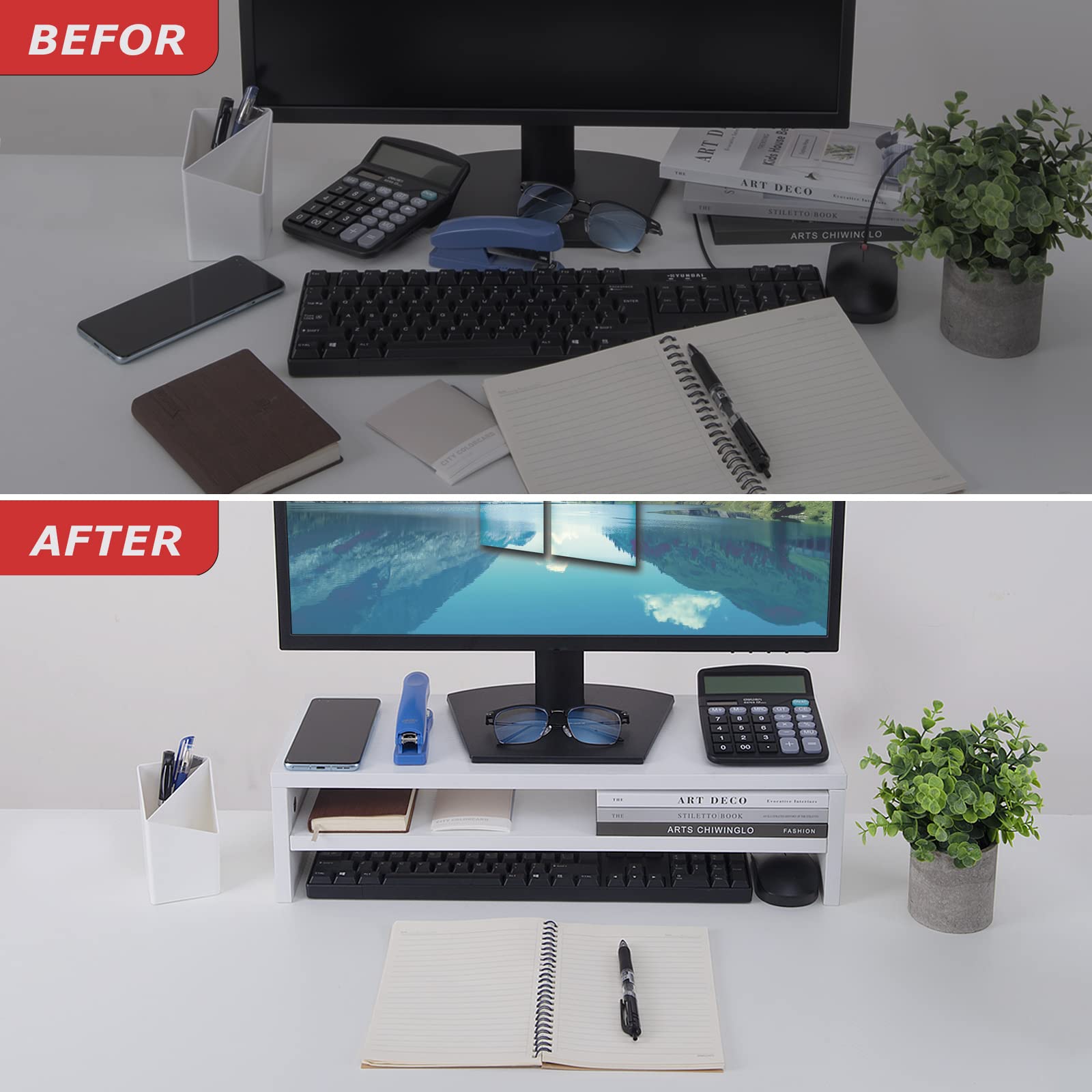 Beygorm Monitor Stand Riser White, 21.6 Inch 2 Tiers Wood Desk Shelf Computer Screen Stand With Storage For Desktop Laptop/Scree