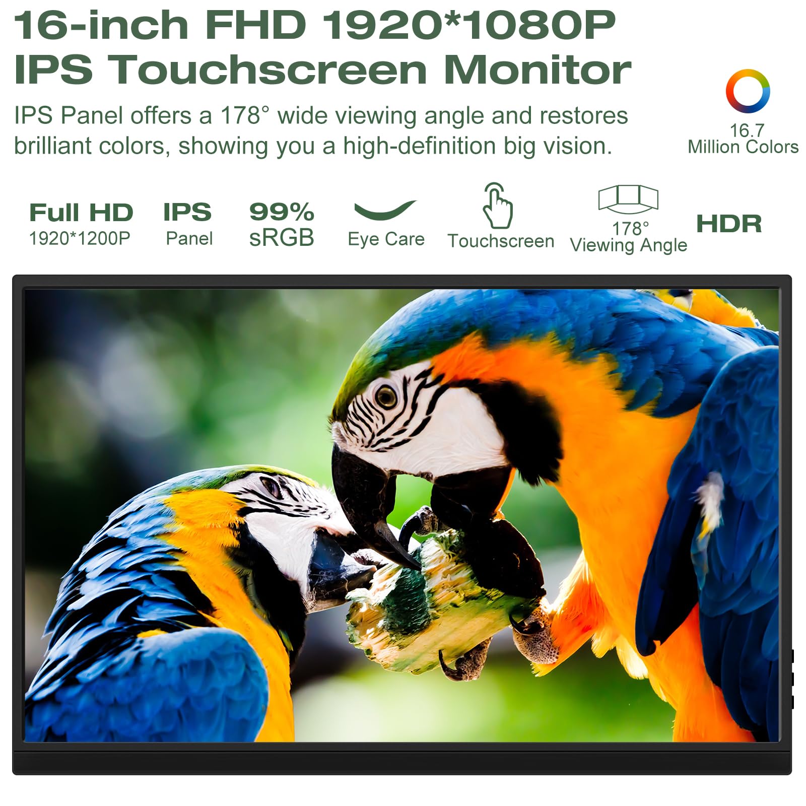 Portable Monitor Touchscreen 16 Inch Fhd 1920X1200P Hdmi Usbc Travel Touch Screen Monitor Ips Display For Pc Laptop Computer Ras