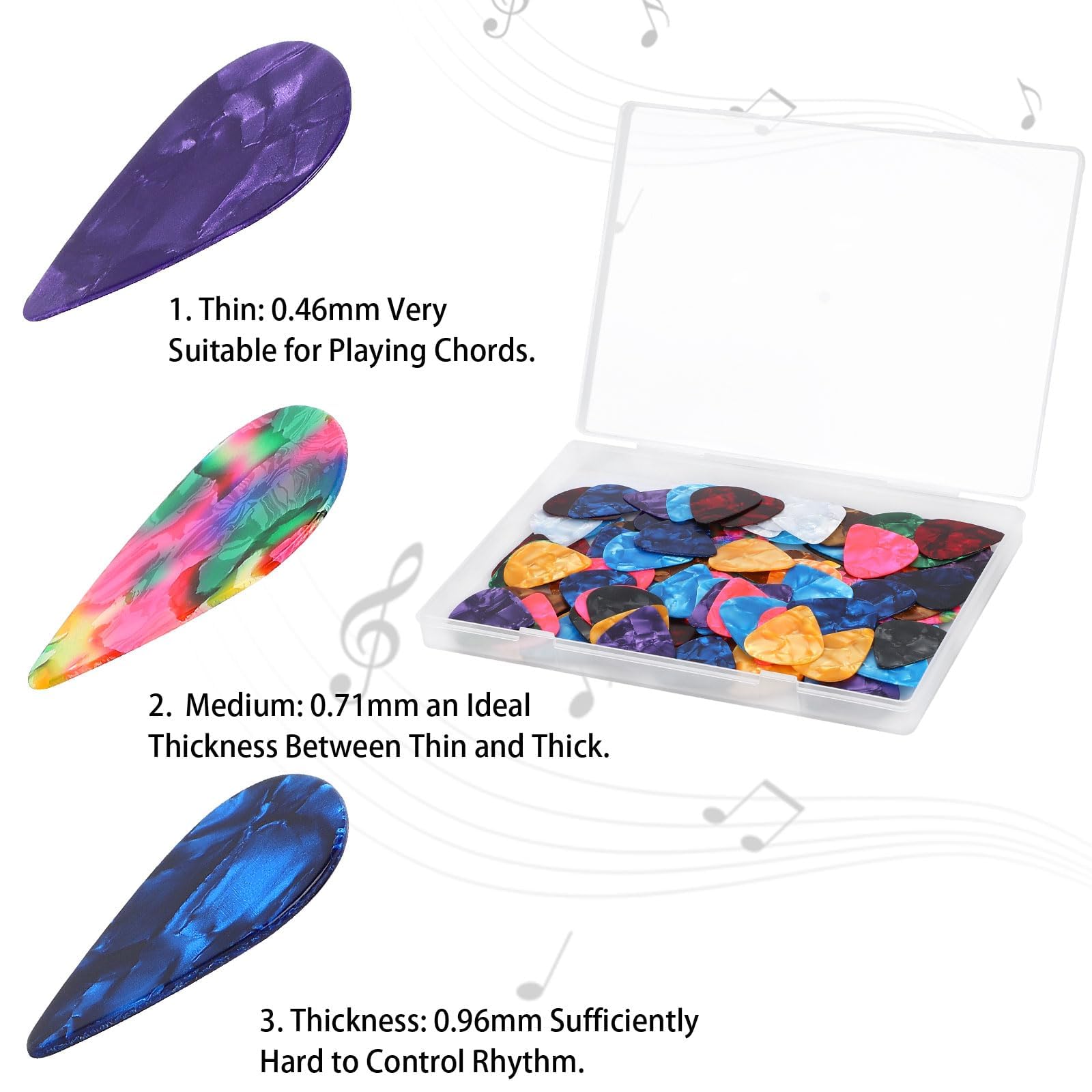 Decyool 100Pcs Guitar Picks In Gradient Color,3 Different Thickness Celluloid Guitar Picks,Metal Guitar Picks For Ukulele,Electr