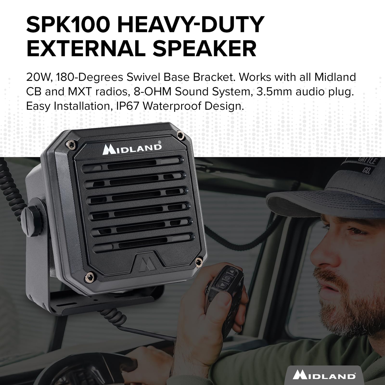 Midland  Spk100 Heavy Duty 20W External Speaker   180 Degrees Swivel Base Bracket Works With All Cb And Mxt Radios 8 Ohm Sound S